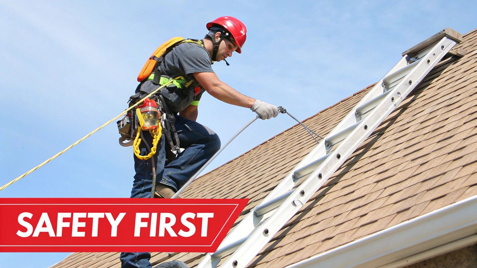 A worker wearing a hard hat and safety harness climbs a ladder on a shingled roof.