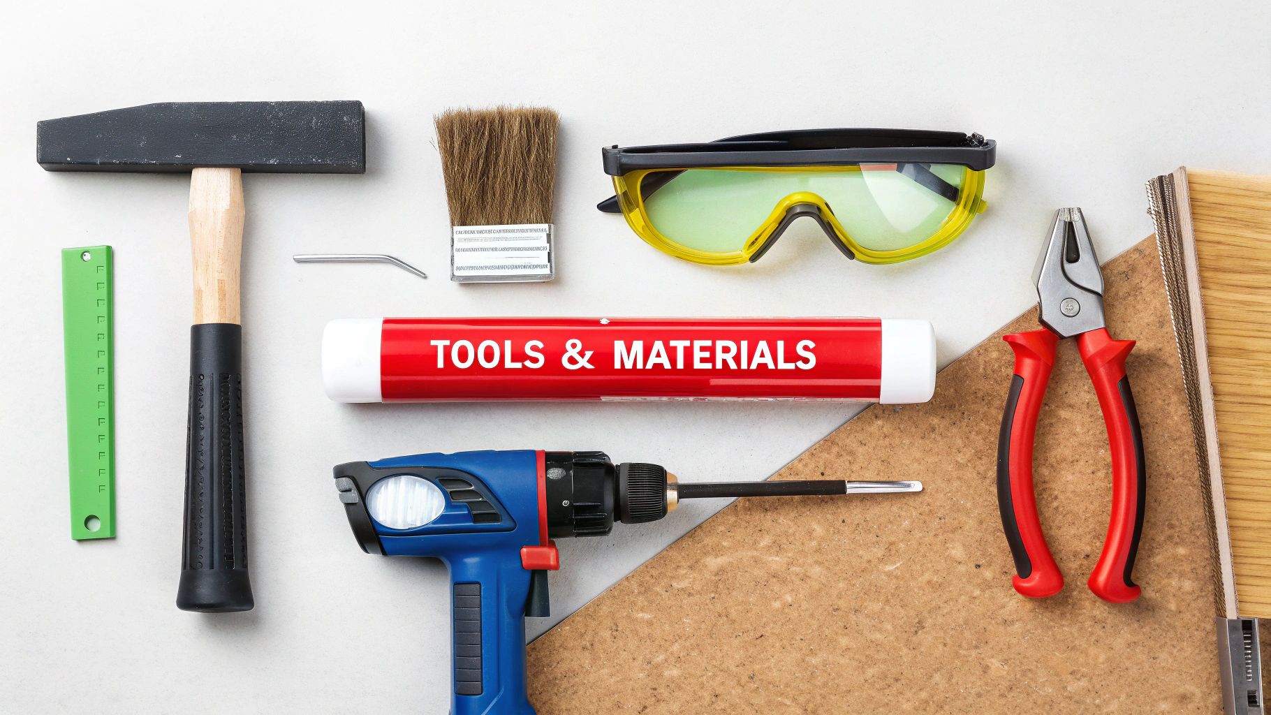Flat lay of various construction and DIY tools and materials on a white background.
