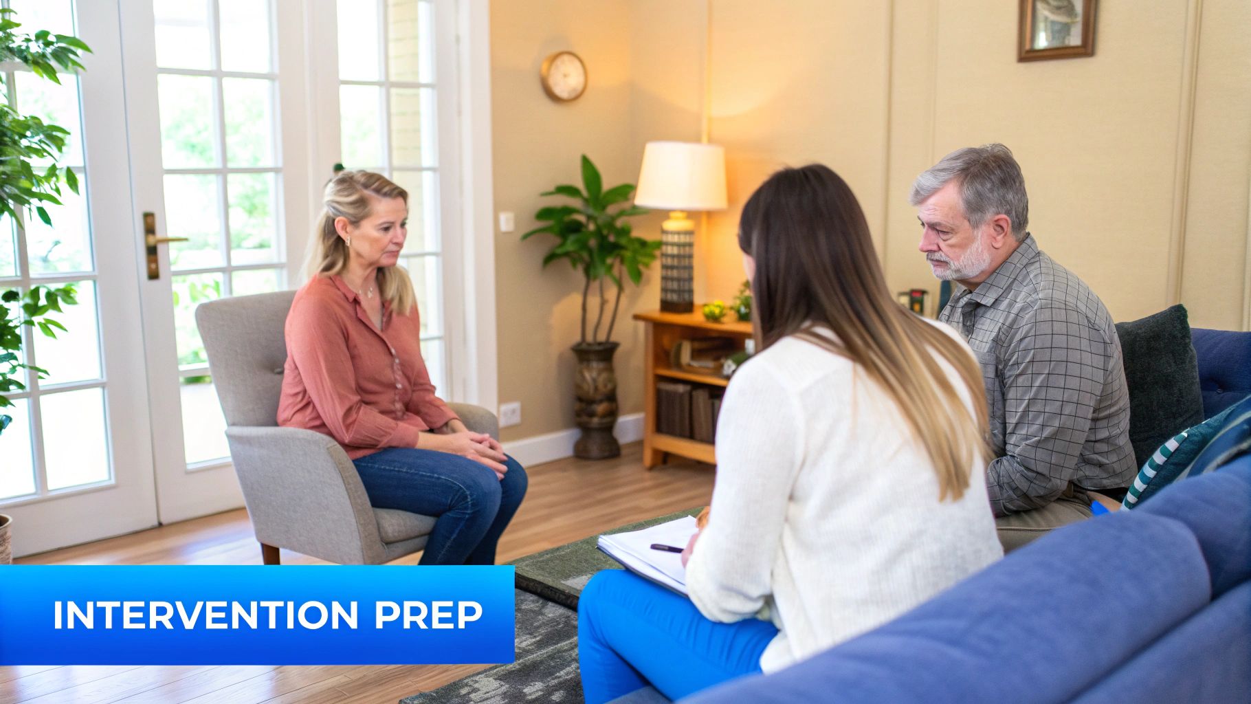A group of concerned people sitting in a circle of chairs, suggesting a support meeting.