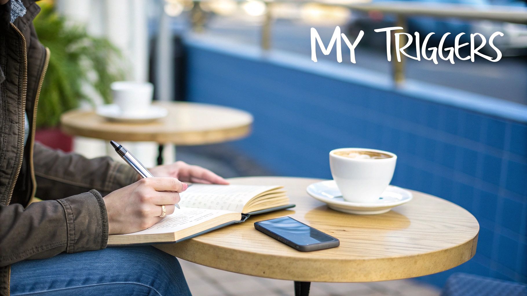 A person writes in a notebook at an outdoor cafe table with coffee and a phone, showing 'MY TRIGGERS'.