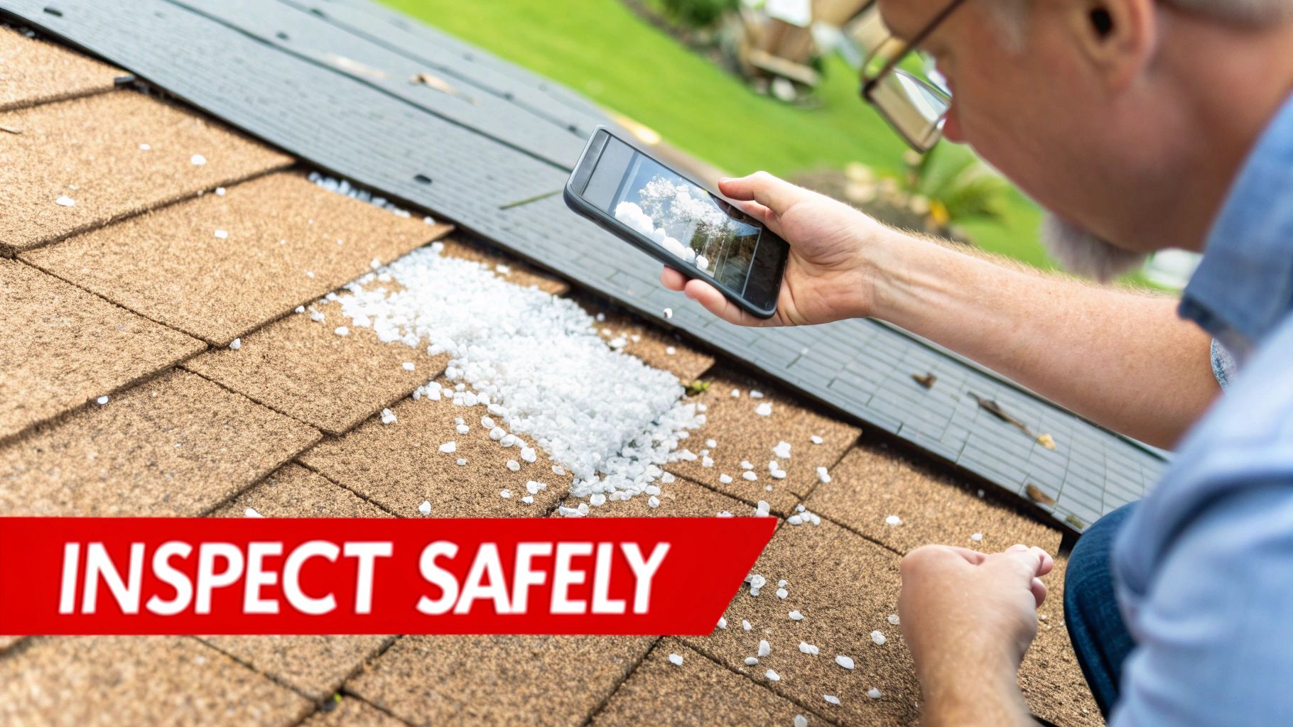 A person on a roof inspecting brown shingles covered in white granules (hail) and taking a photo with a smartphone.
