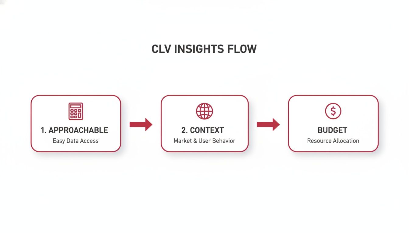A flowchart illustrating the CLV insights flow: approachable data, context, and budget allocation.