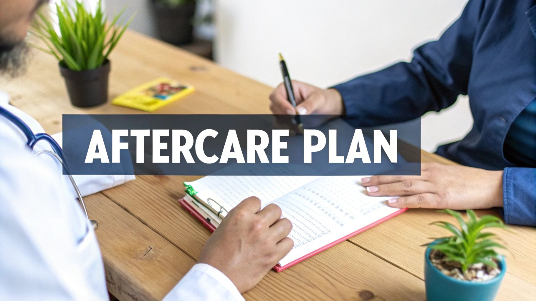 A doctor and patient discuss an aftercare plan, writing notes at a wooden table.