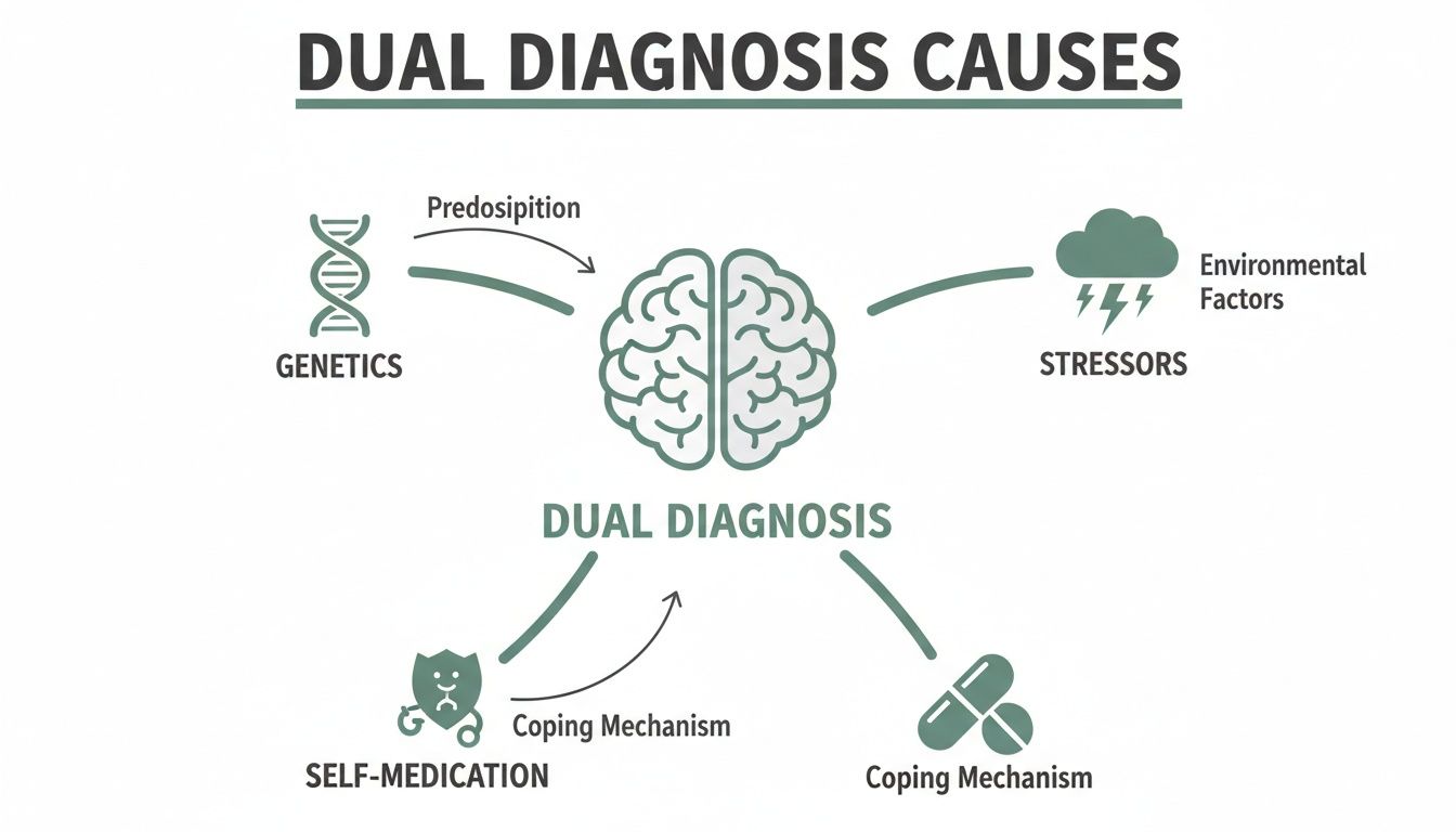 Diagram illustrating genetic, environmental causes, and coping mechanisms for dual diagnosis.