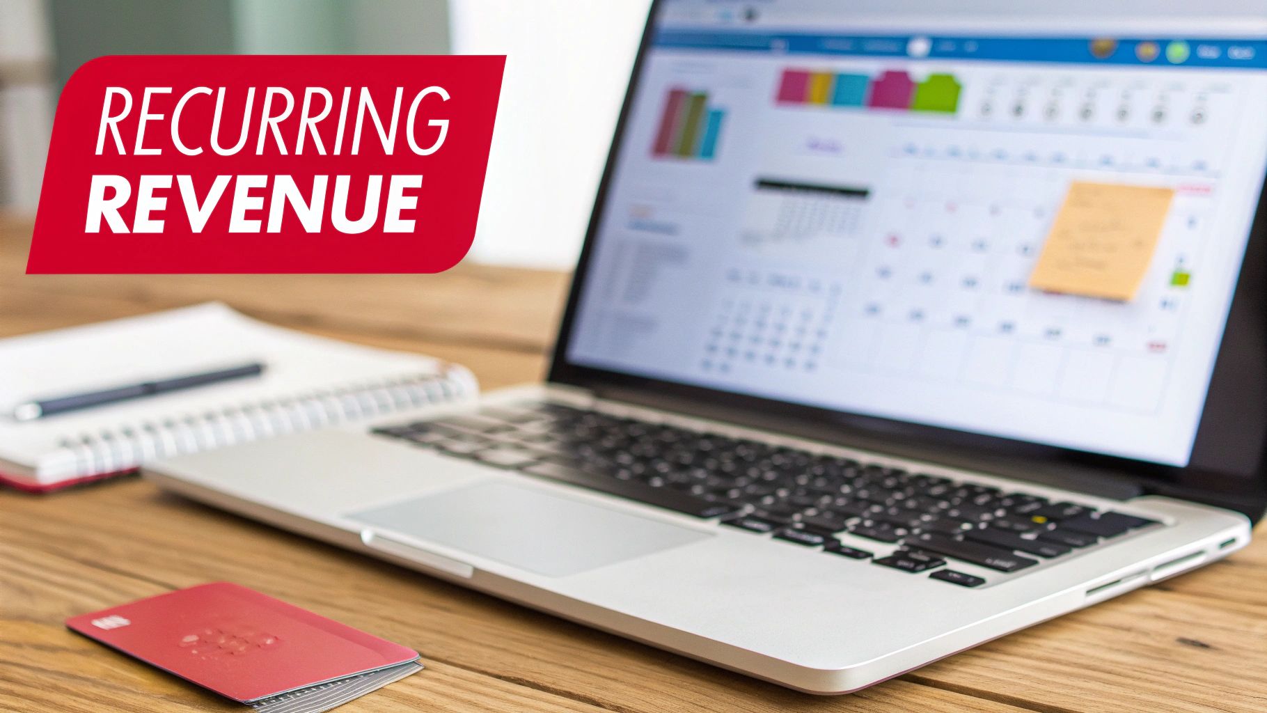10 Key Performance Indicators for Startups to Track in 2026 A laptop on a wooden desk displays a calendar and charts, with 'RECURRING REVENUE' banner.