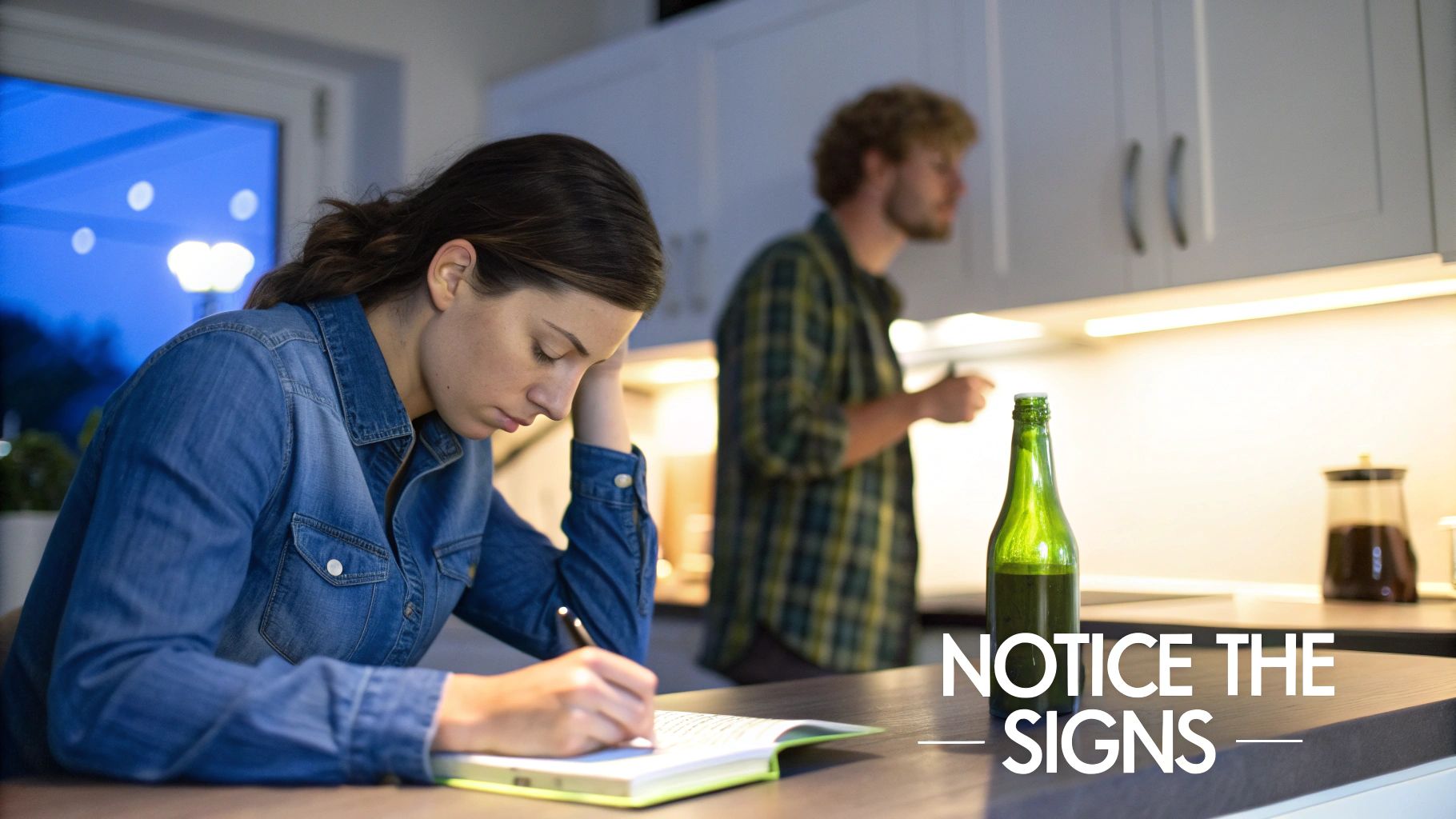 A distressed woman writes in a notebook, while a man stands near an open green bottle in a kitchen.