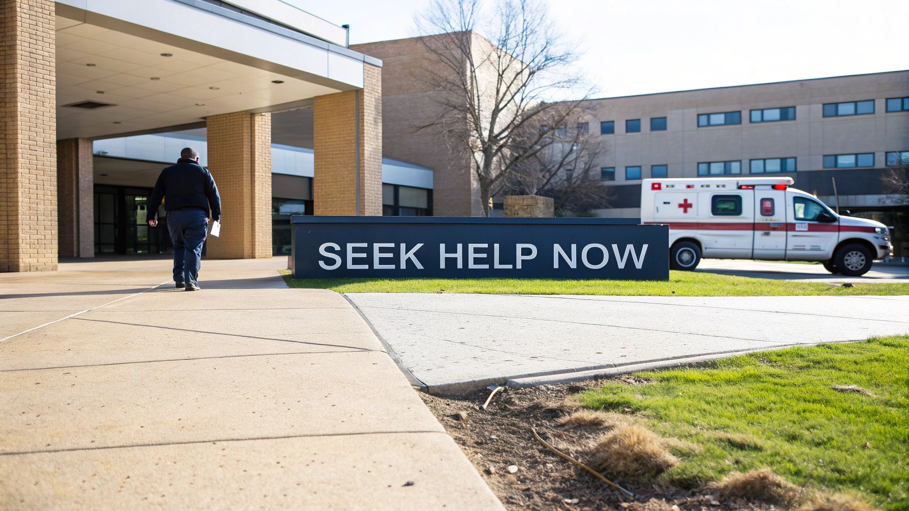 Person walking towards hospital entrance with ambulance parked outside and seek help now sign