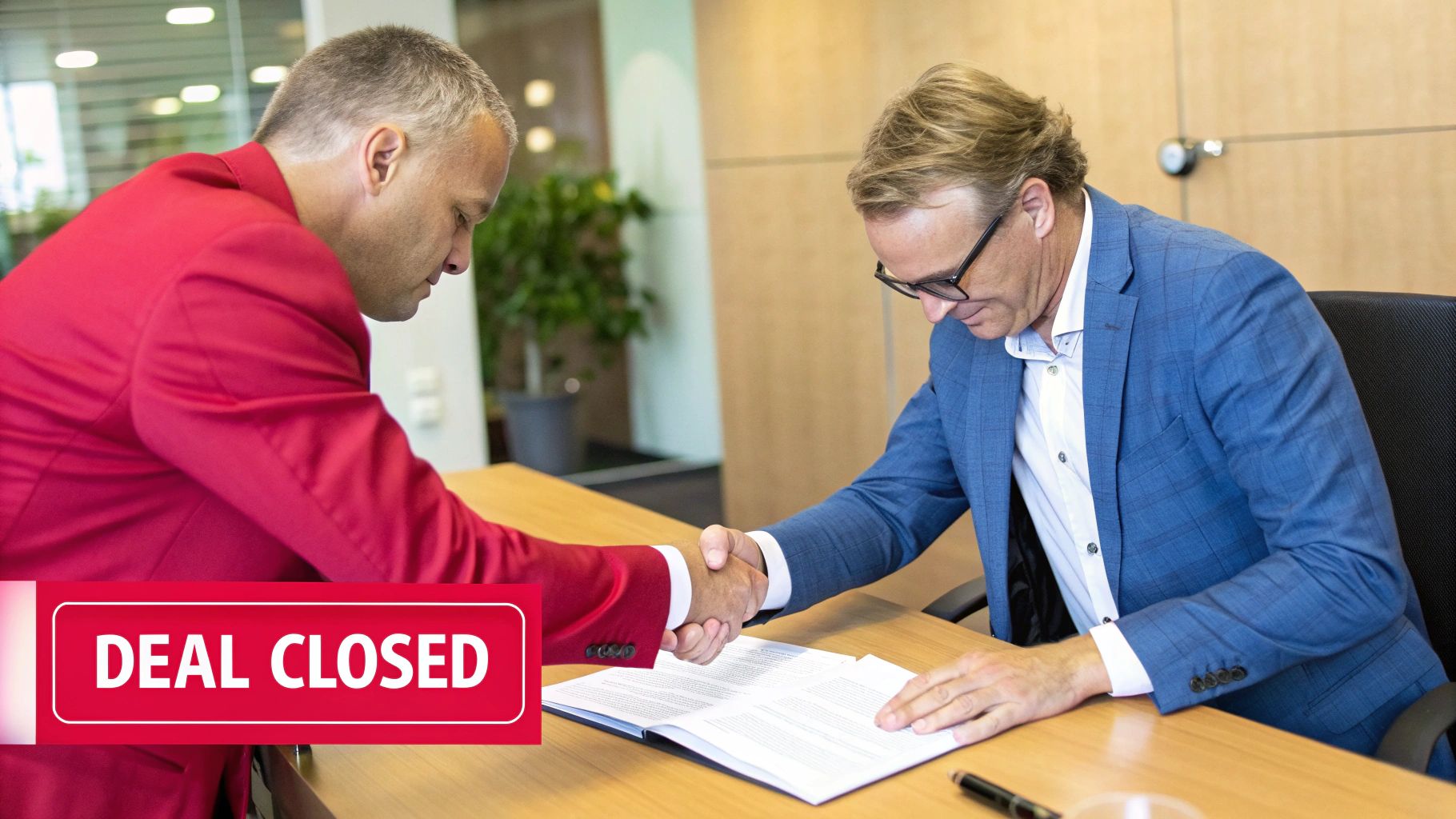 Two businessmen shaking hands over a signed document, with a 'DEAL CLOSED' banner.