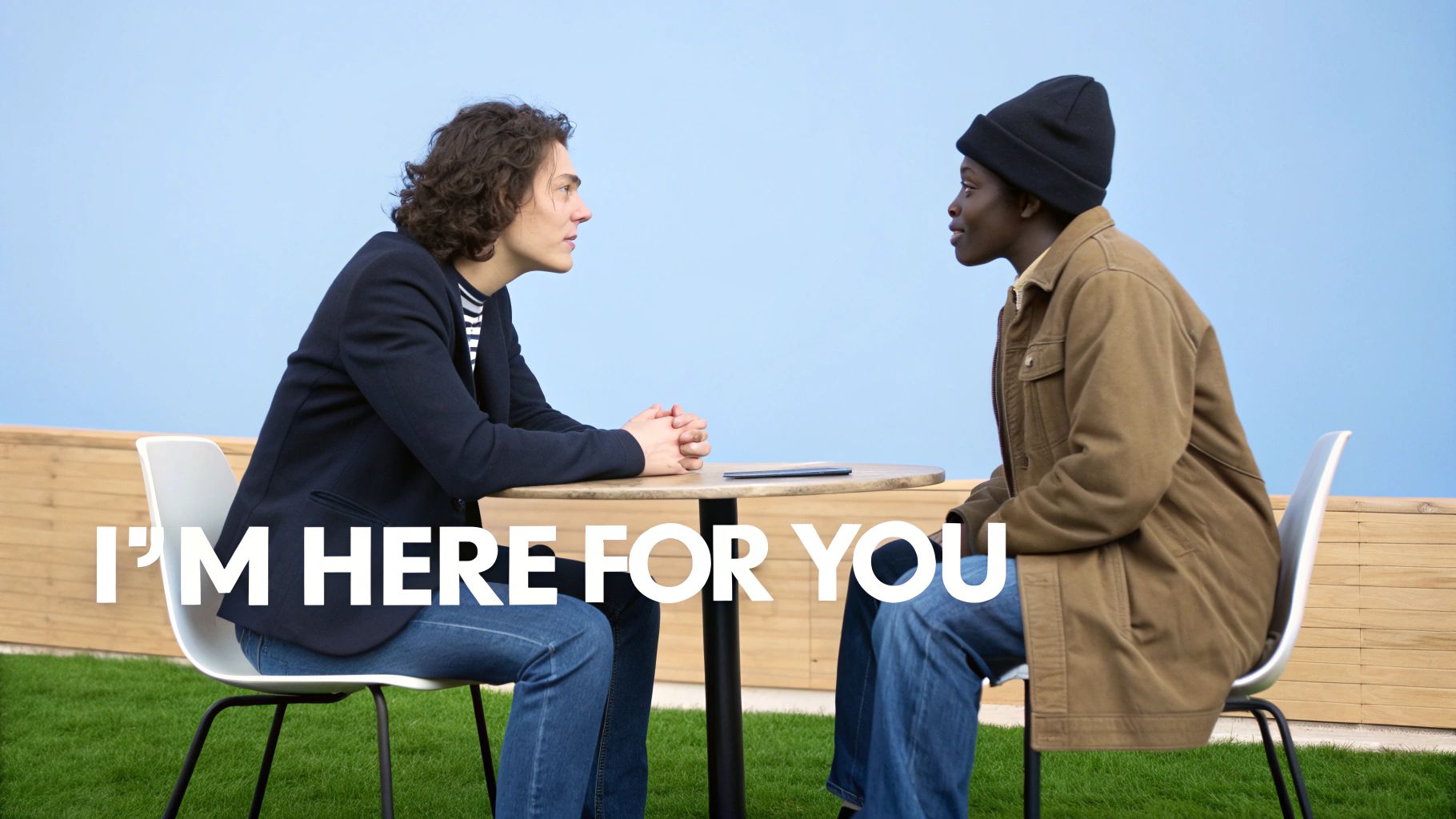 Two people sitting closely together, one offering comfort and listening intently to the other.