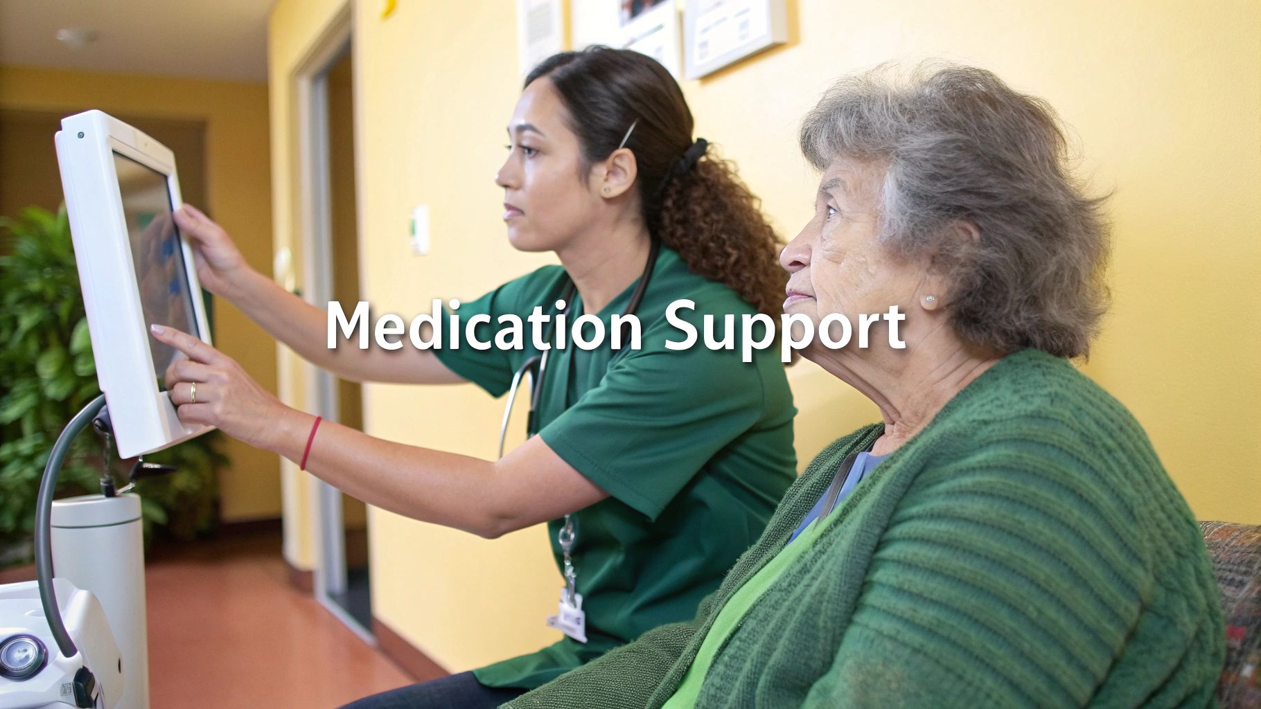 Healthcare worker helping elderly woman use tablet device for medication support and management