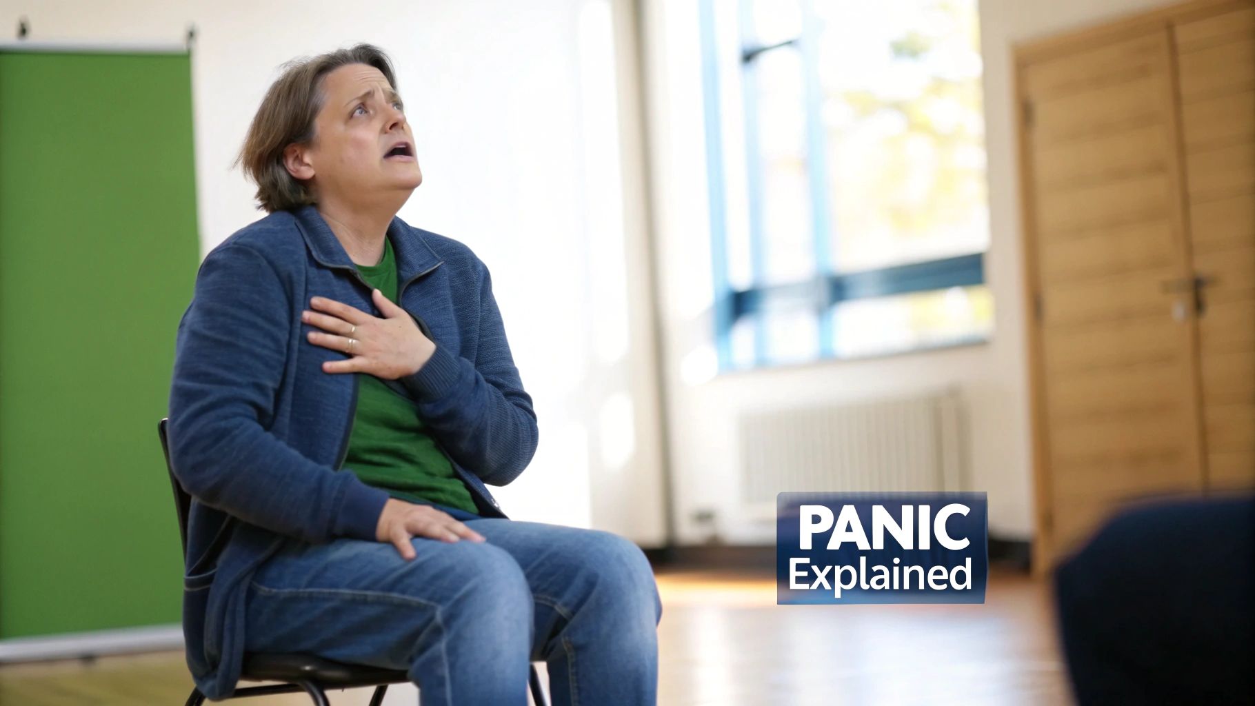 Woman experiencing panic attack symptoms sitting on chair looking distressed and anxious