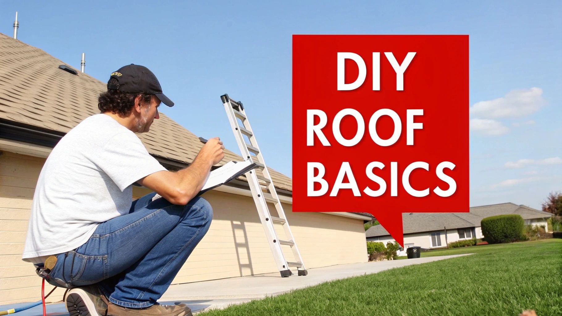 A man in a cap crouches by a house with a clipboard, next to a ladder and "DIY ROOF BASICS" sign.
