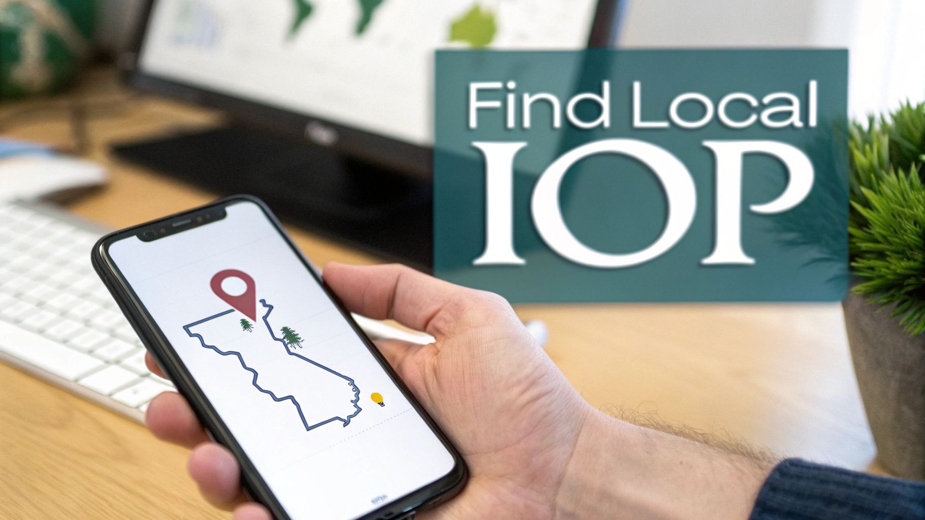 Person holding a smartphone with a map of California and a location pin; a sign reads 'Find Local IOP'.