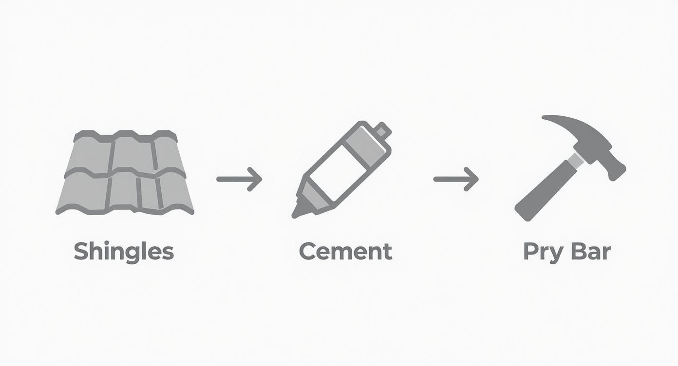 Three icons showing roof shingles, a tube of cement, and a pry bar, with arrows.