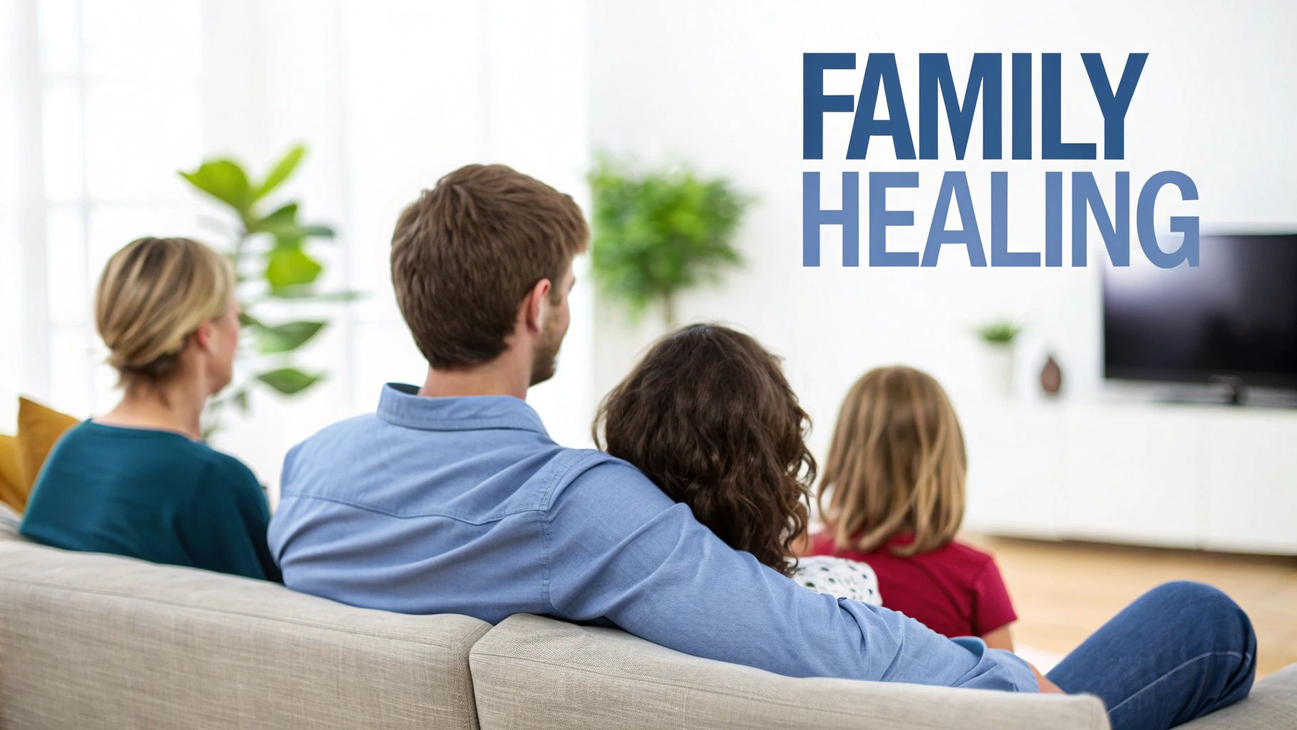 Family sitting on a couch during a therapy session, showing support.