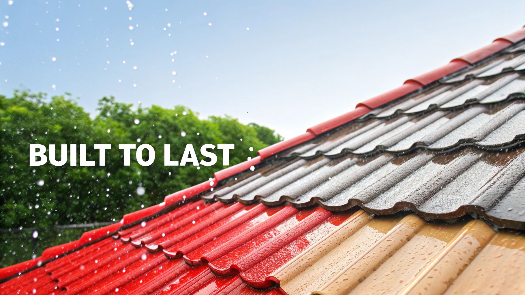 Different colored roof tiles including red, grey, and beige showing durability in weather conditions