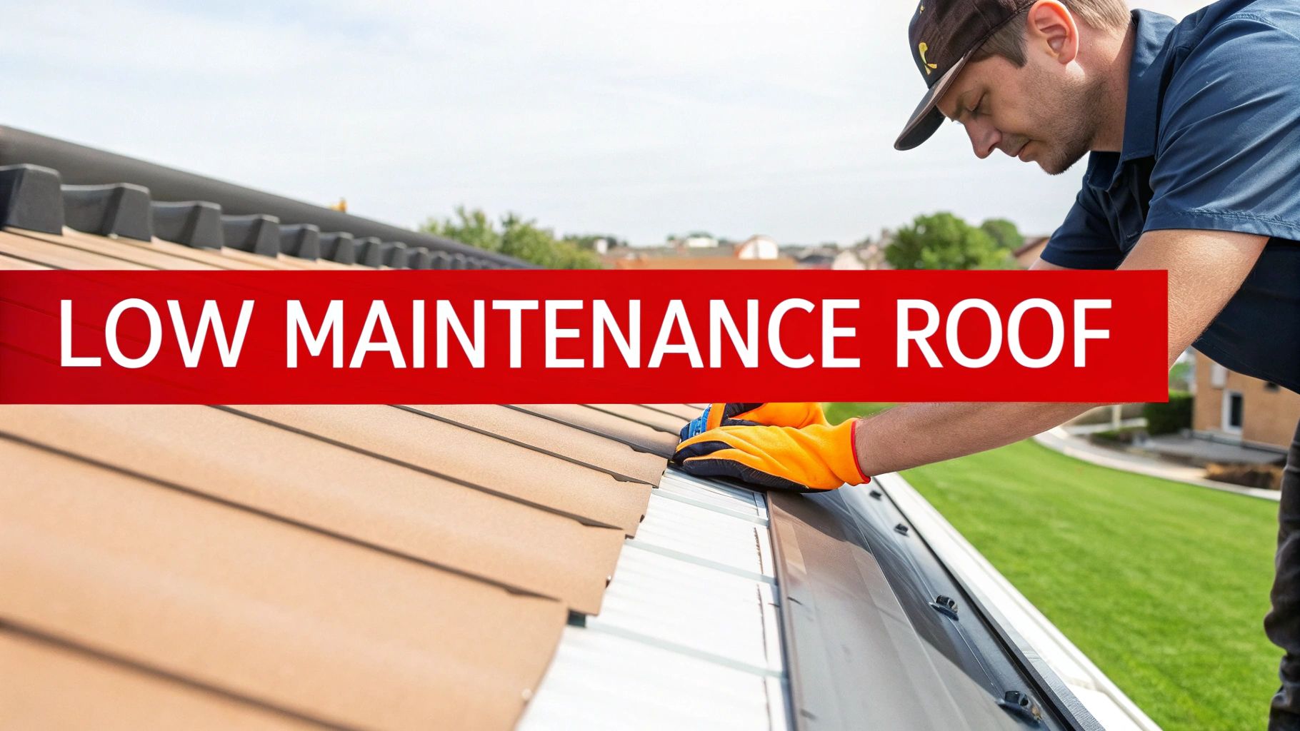 A roofer wearing gloves works on a standing seam metal roof, with a red banner stating 'LOW MAINTENANCE ROOF'.