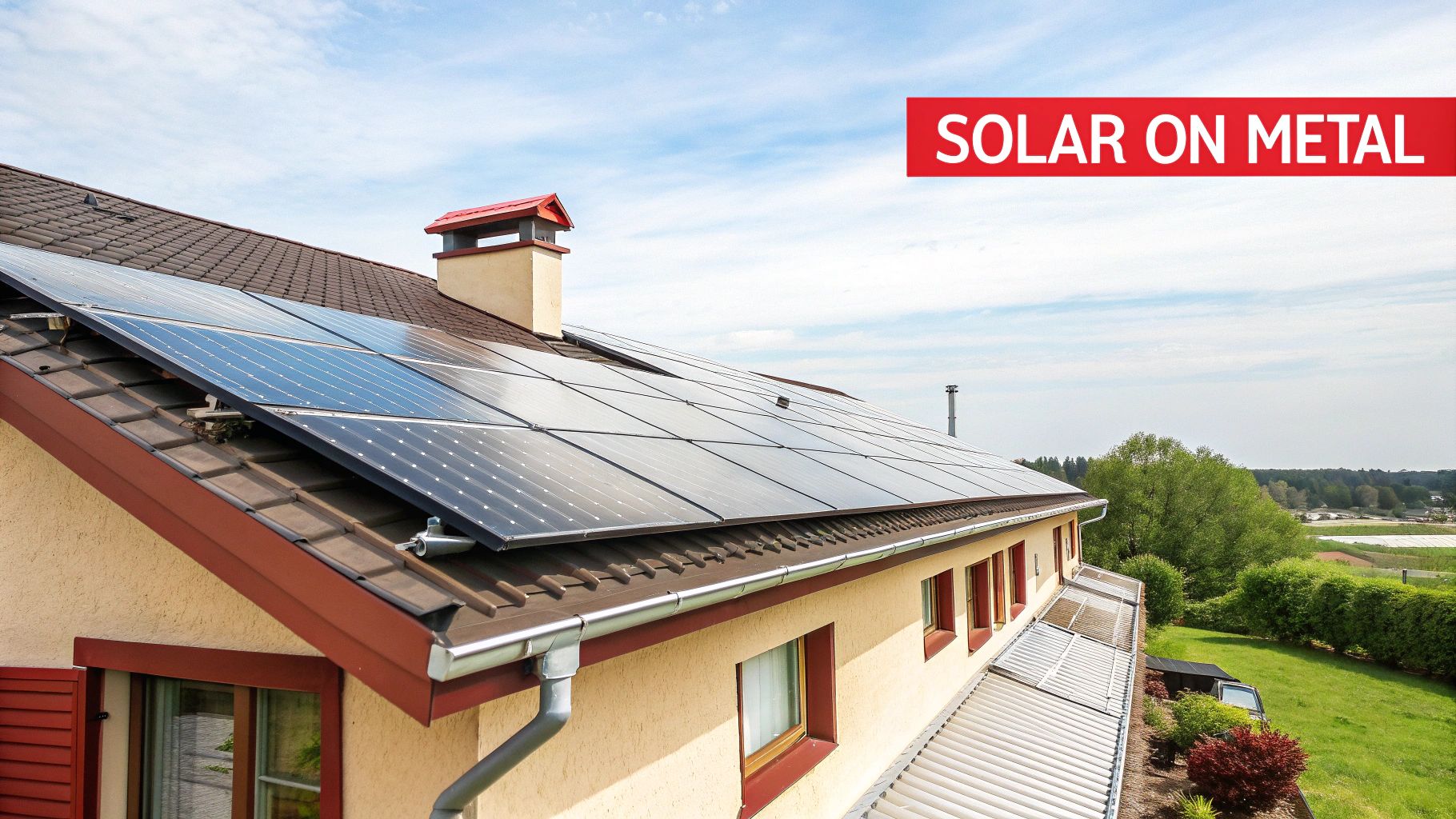 A modern home in Arizona with solar panels mounted on a dark metal roof, set against a clear blue sky.