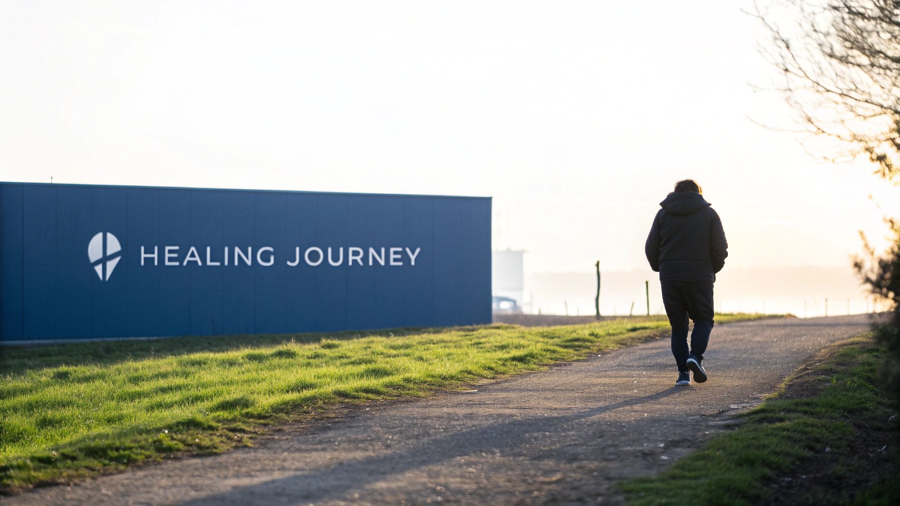 A person walks on a path towards a bright horizon next to a blue sign reading 'HEALING JOURNEY'.