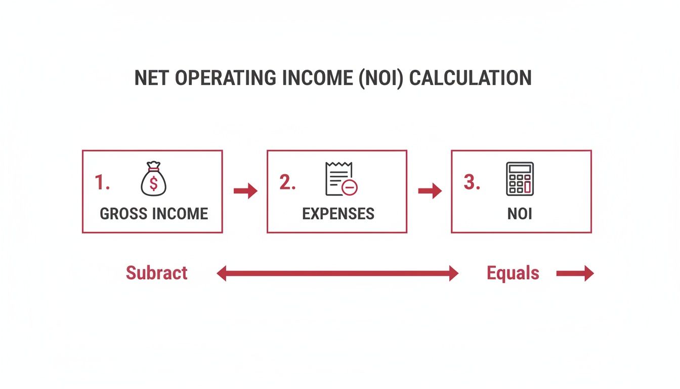 Mastering Rental Property Cash Flow Analysis for Beginners A flowchart illustrates Net Operating Income (NOI) calculation: Gross Income minus Expenses equals NOI.