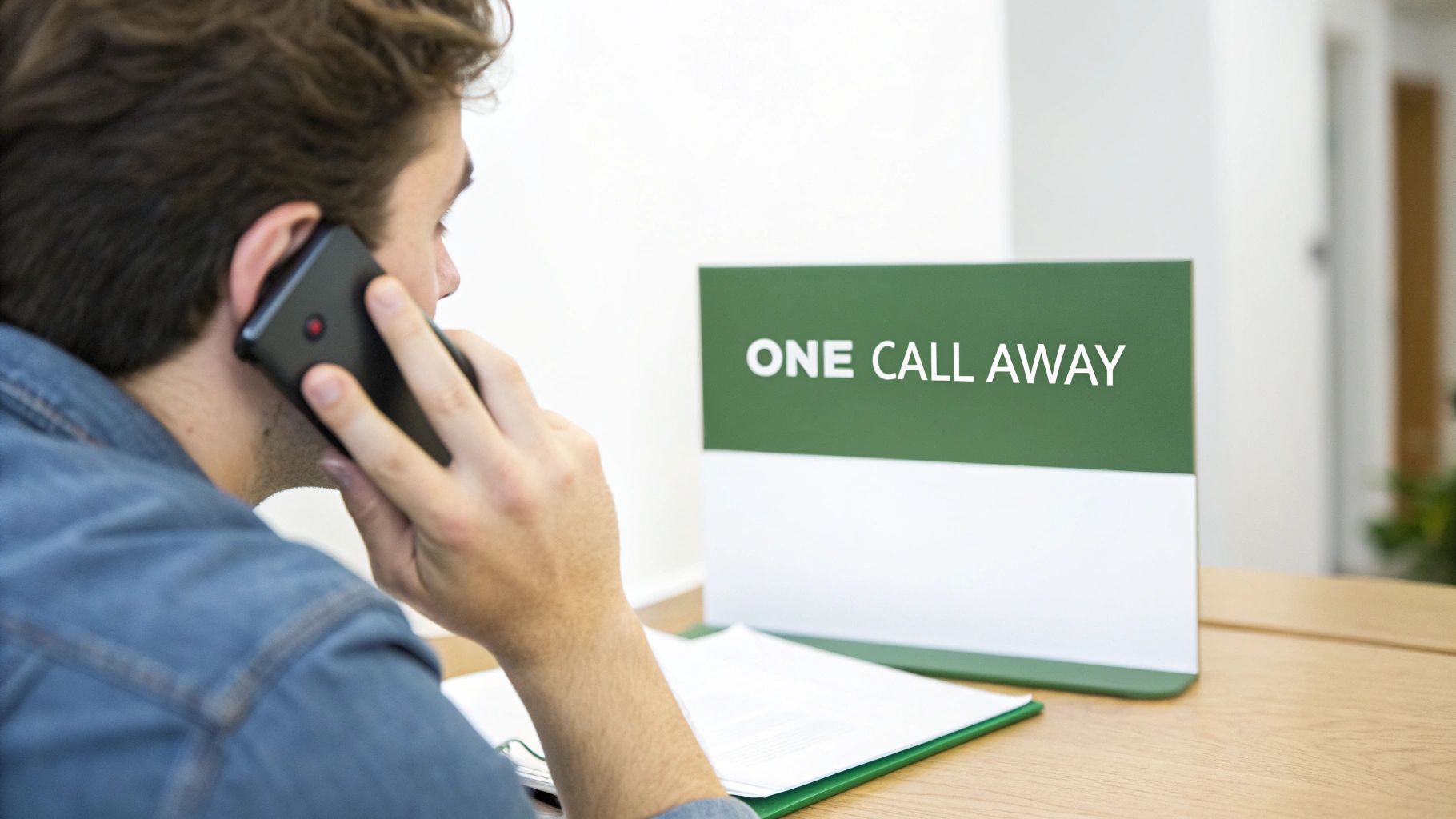 A man makes a phone call at a desk with a sign saying 'ONE CALL AWAY'.