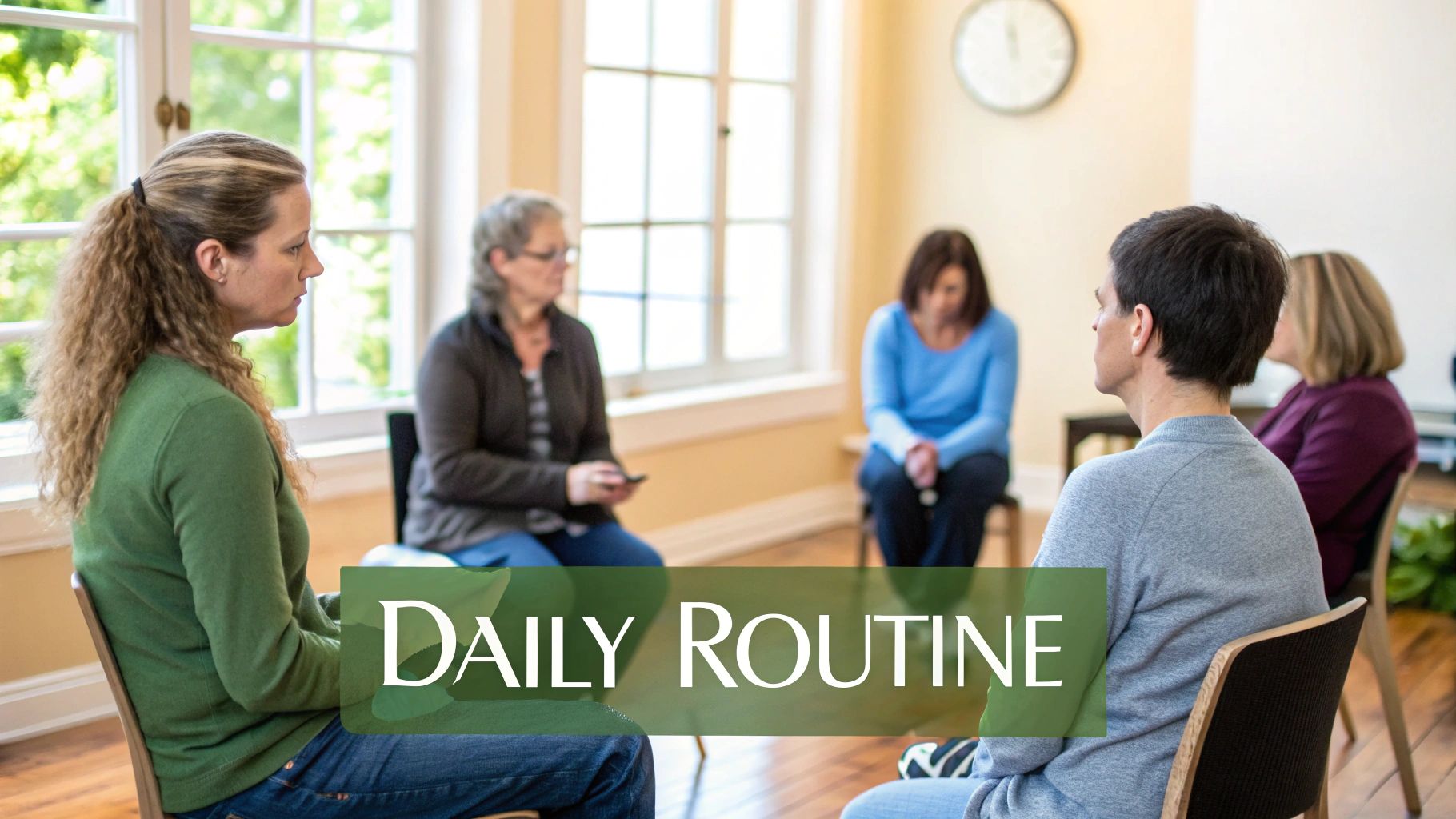 Diverse women in a bright room, sitting in a circle for a group therapy or support session.