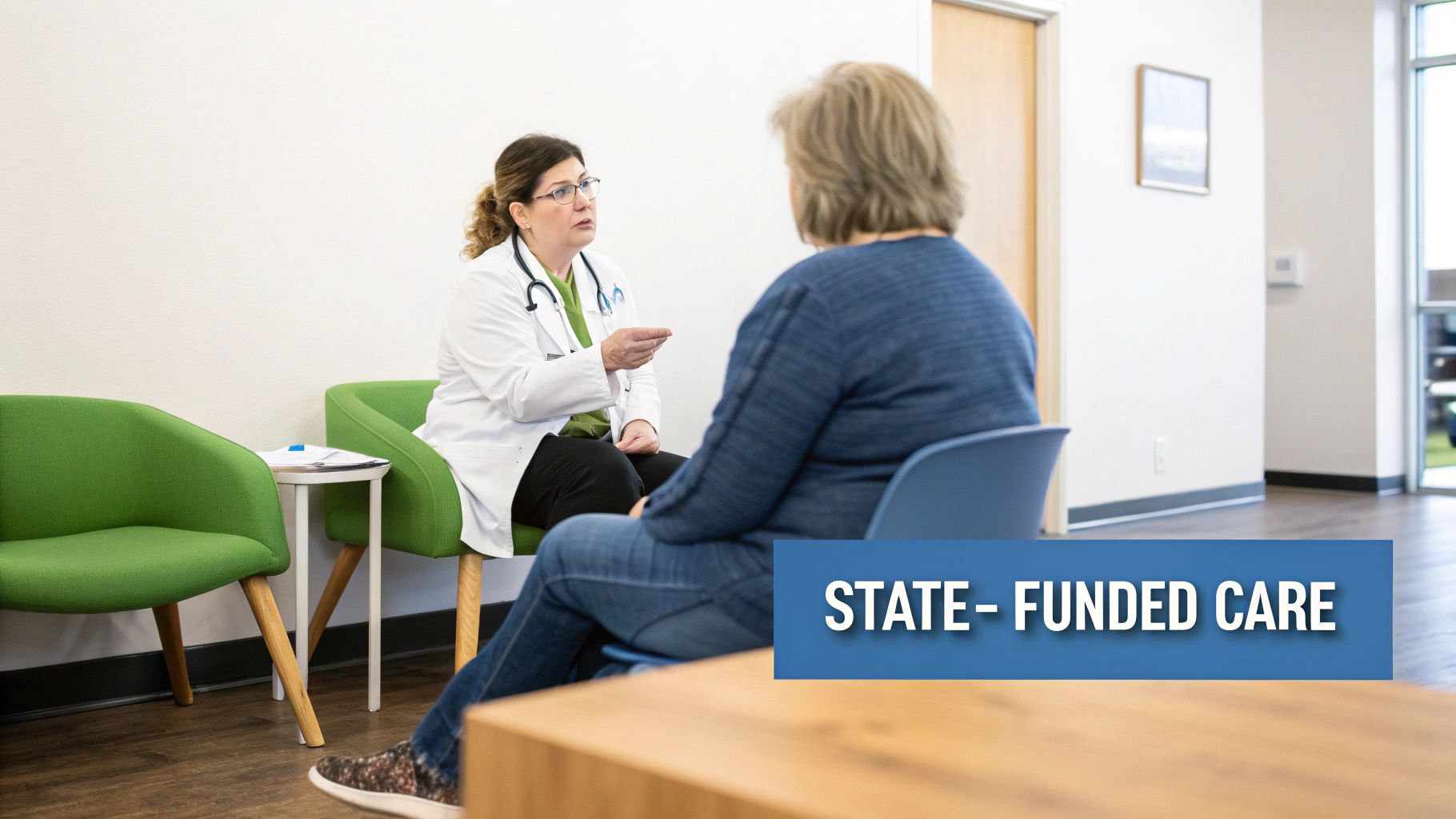 A female doctor in a white coat consults with a female patient in a state-funded care setting.