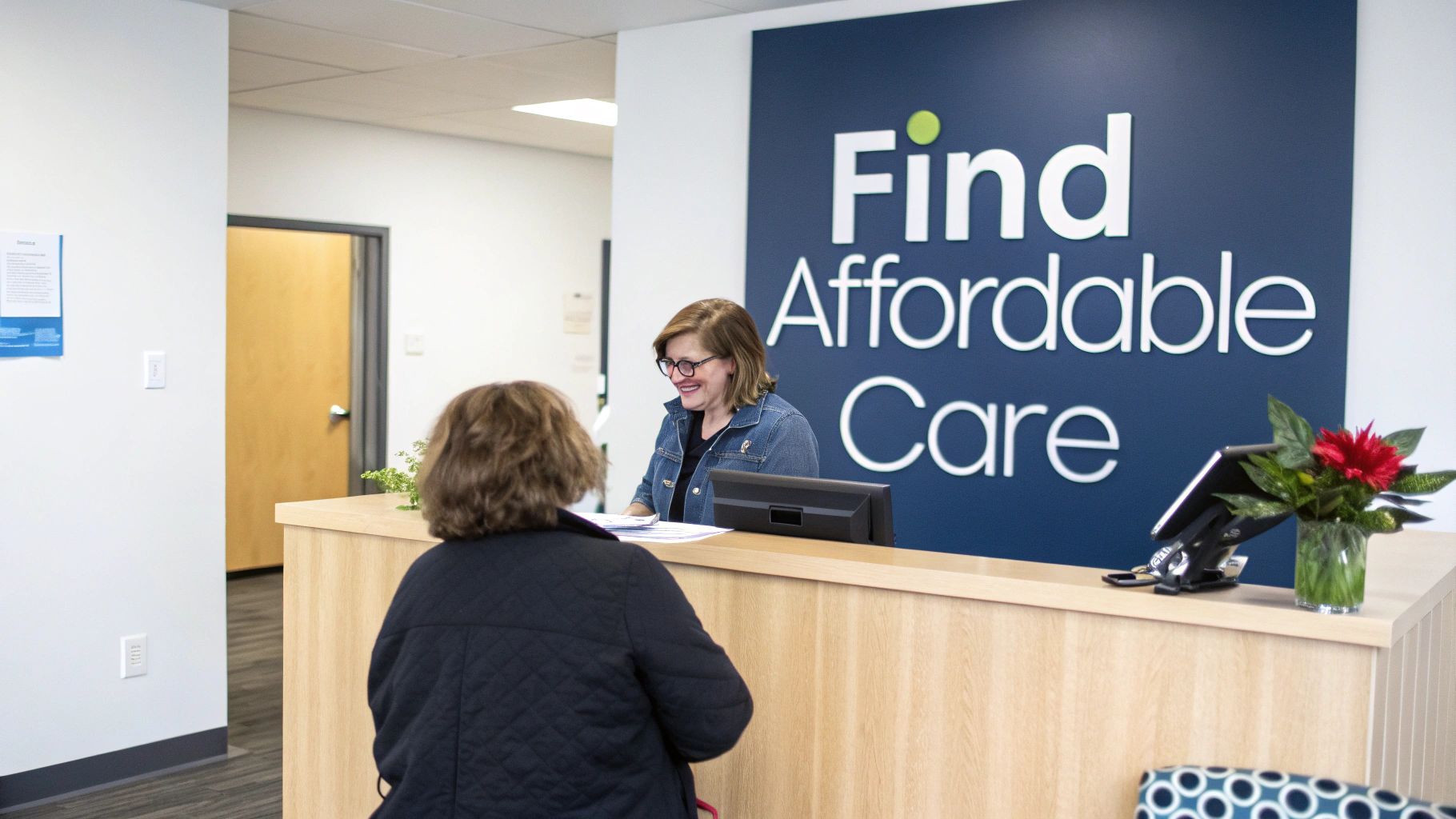 A friendly receptionist smiles at a patient at a reception desk in an office with 'Find Affordable Care' sign.