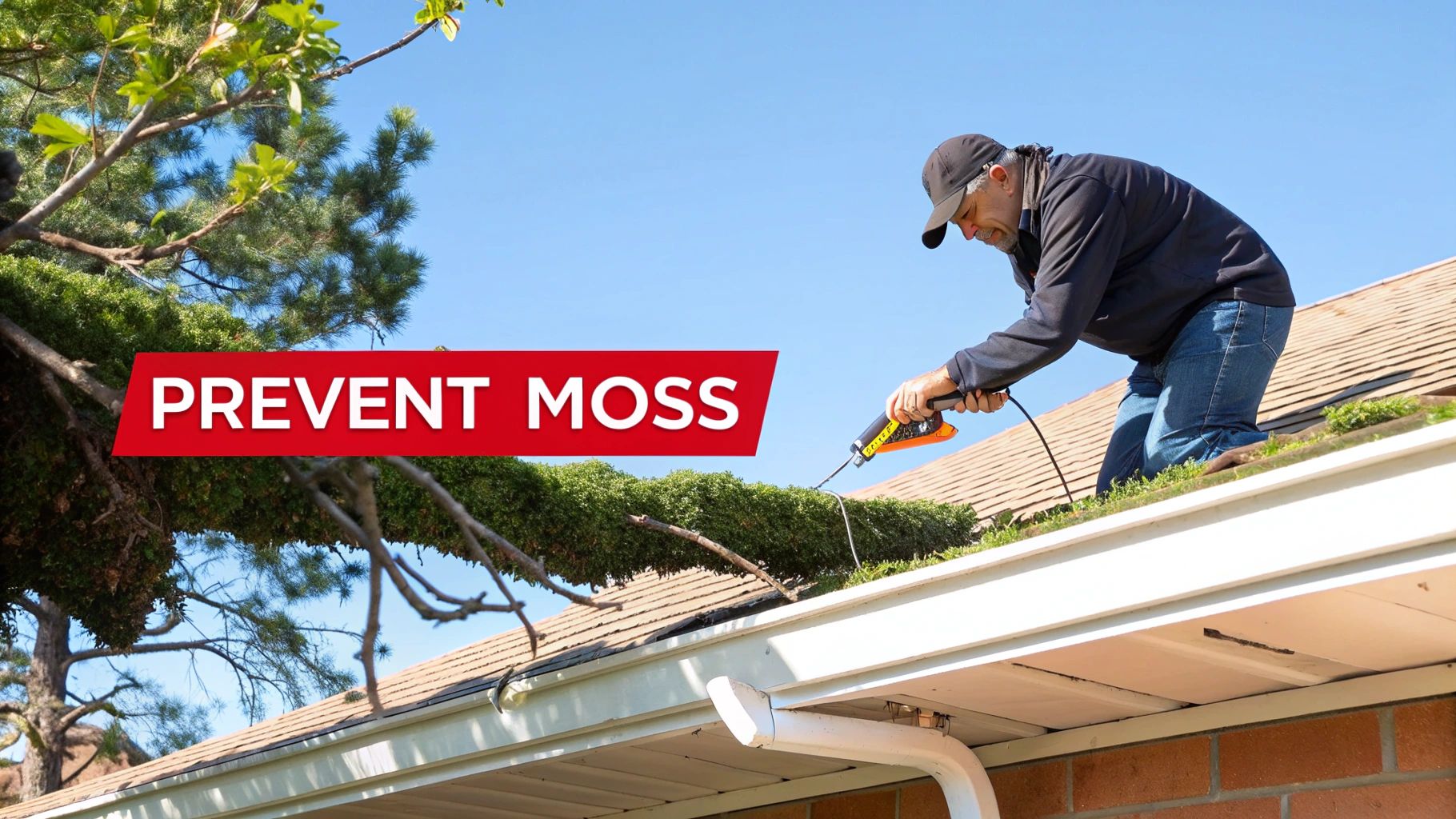 A man on a roof using a specialized tool to clean and prevent moss from growing on the roof edge.