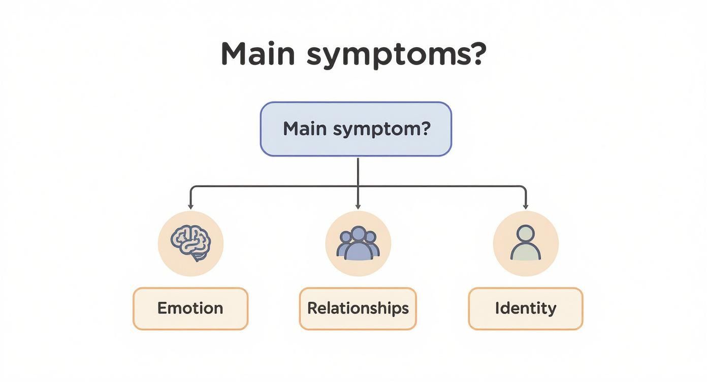 An infographic decision tree showing how primary BPD symptoms—like emotional dysregulation, relationship issues, or identity struggles—can guide the choice between DBT, MBT, and Schema Therapy.