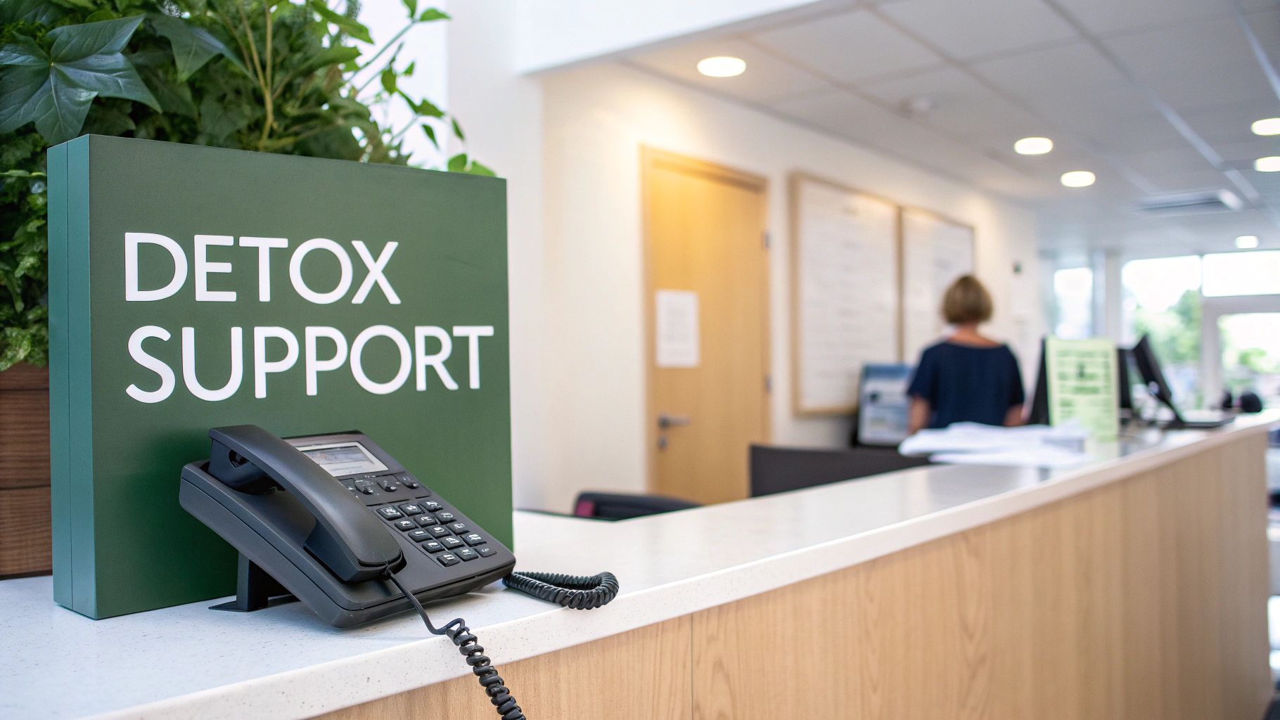 A green 'DETOX SUPPORT' sign and a black telephone on a bright reception counter.