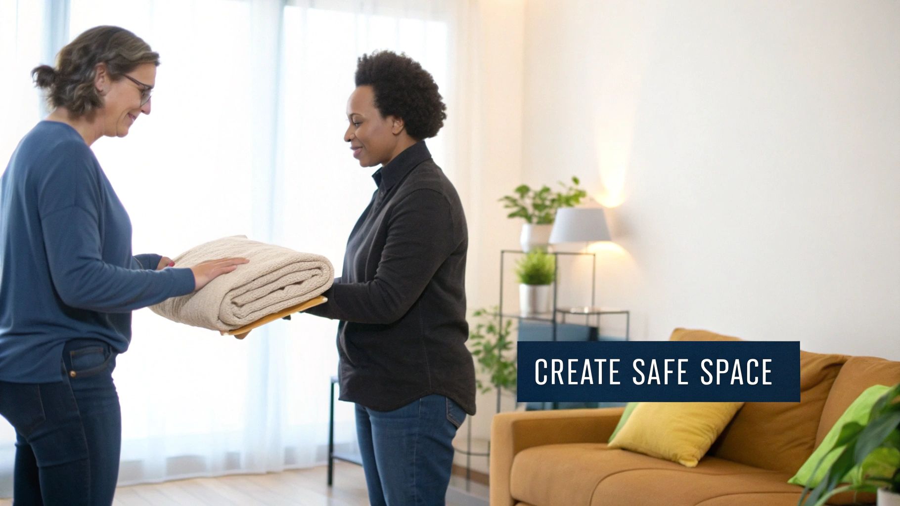 A person offering a comforting hand to another person who looks distressed, symbolizing support.