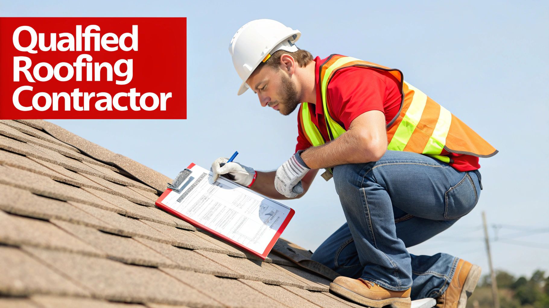 A qualified roofing contractor inspecting a roof, writing on a clipboard under a clear sky.