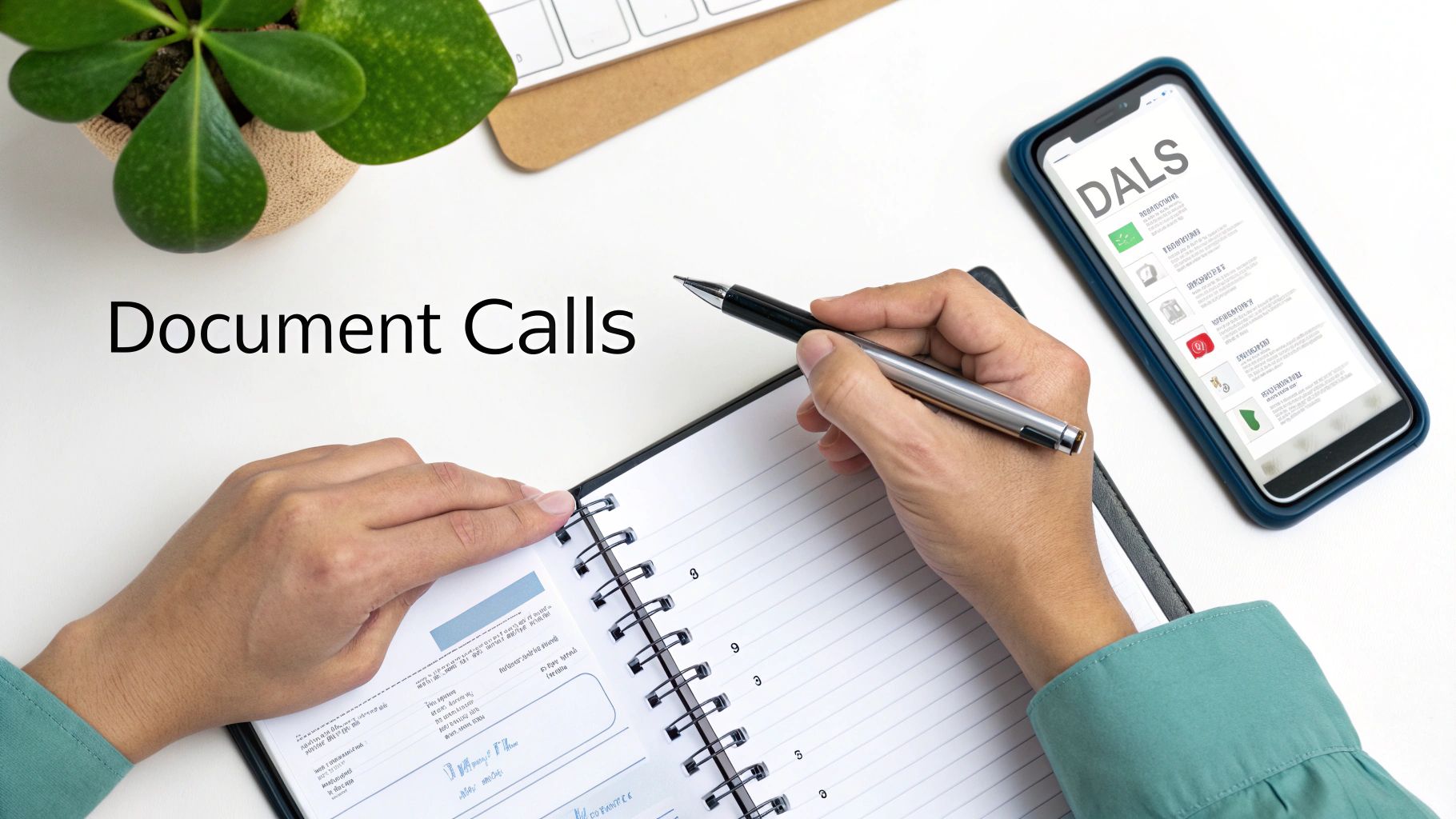 Overhead view of a person writing notes in a spiral notebook next to a smartphone displaying 'DALS'.