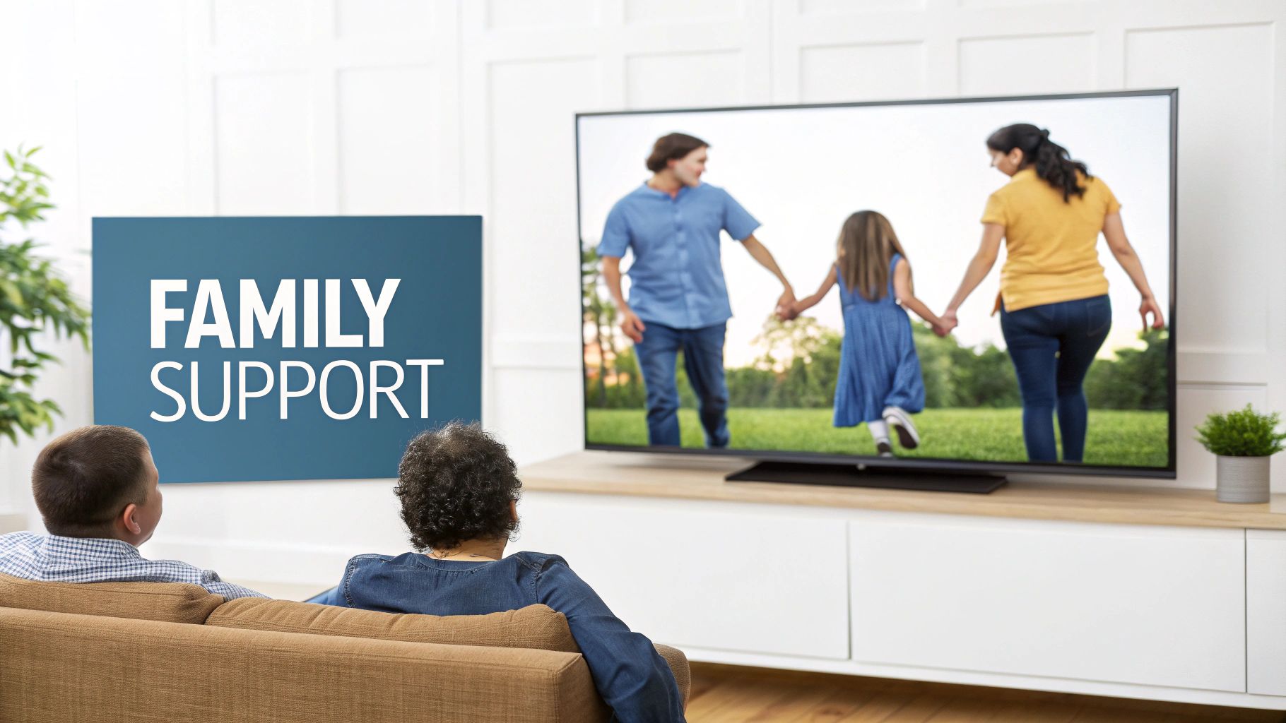 Two people on a couch watch a TV showing a family walking, beside a 'FAMILY SUPPORT' sign.