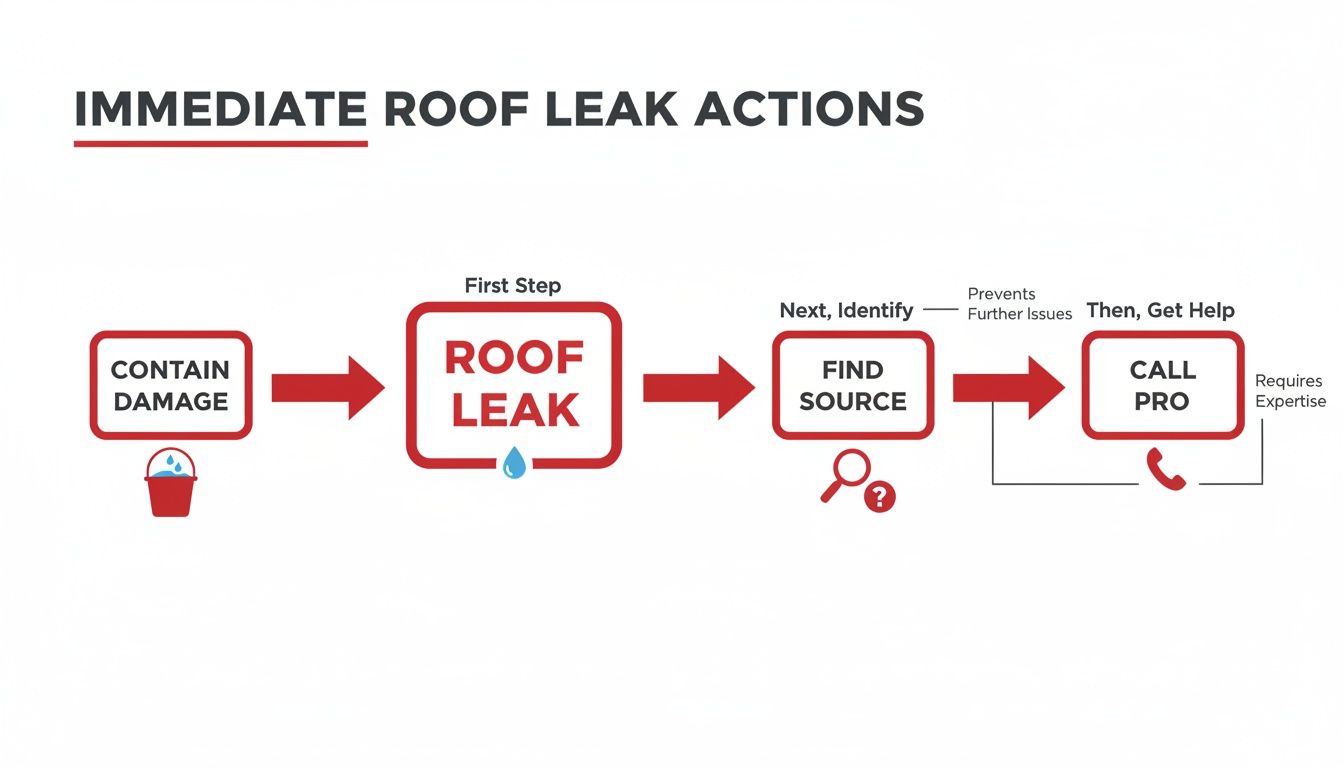 Flowchart showing immediate roof leak actions: contain damage, identify source, and call a professional.
