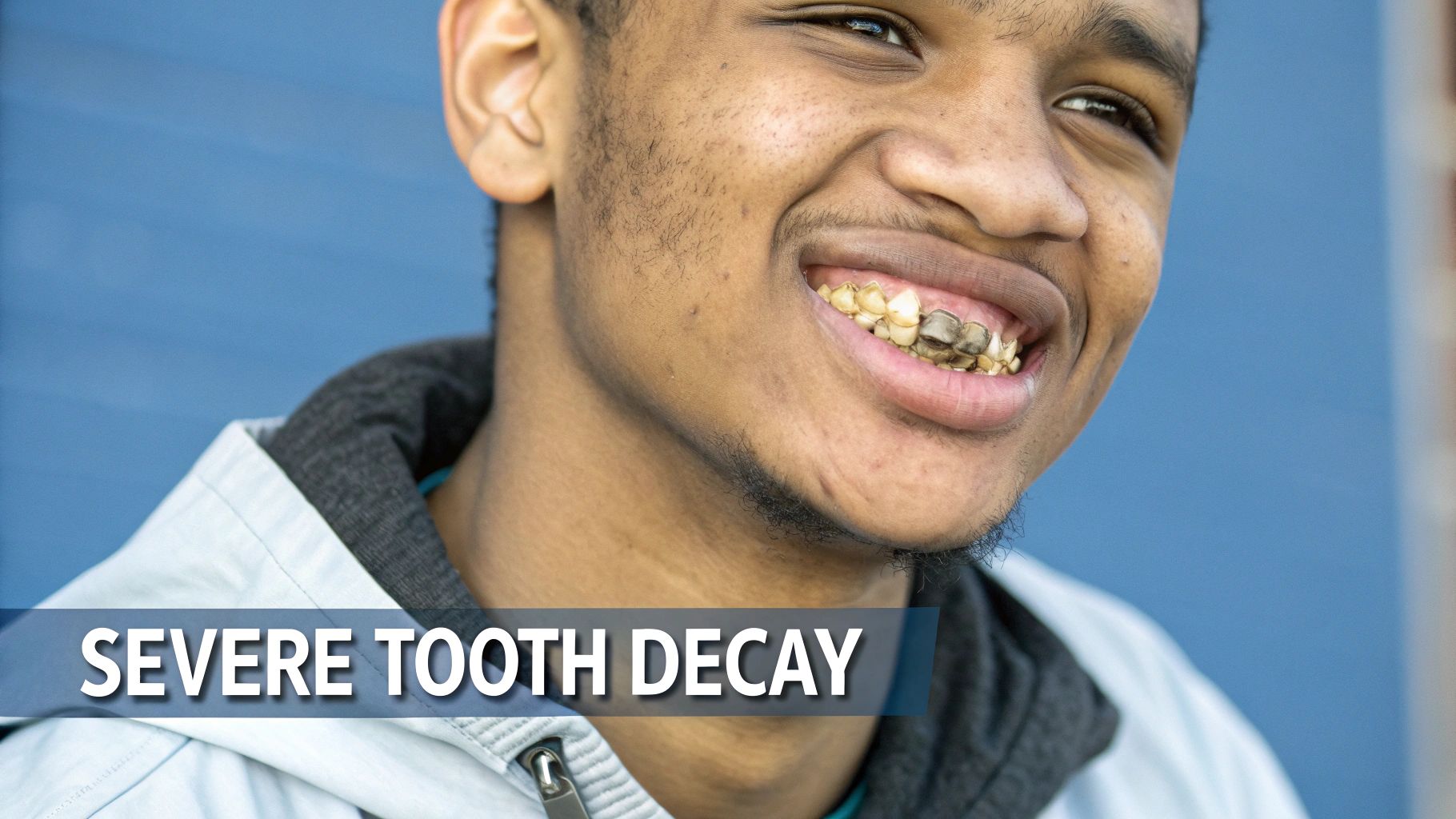 Close-up of a young man smiling, revealing severe tooth decay and discoloration.