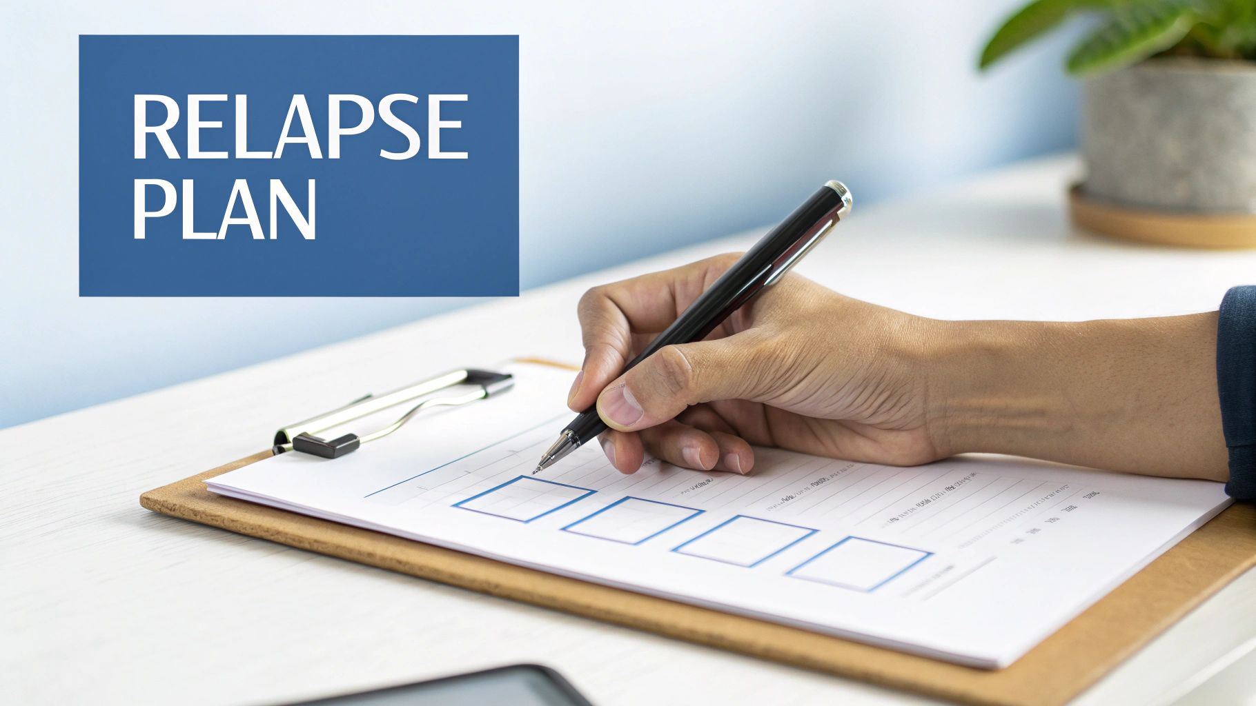 A person writing on a document with checkboxes, labeled 'RELAPSE PLAN' for addiction recovery.