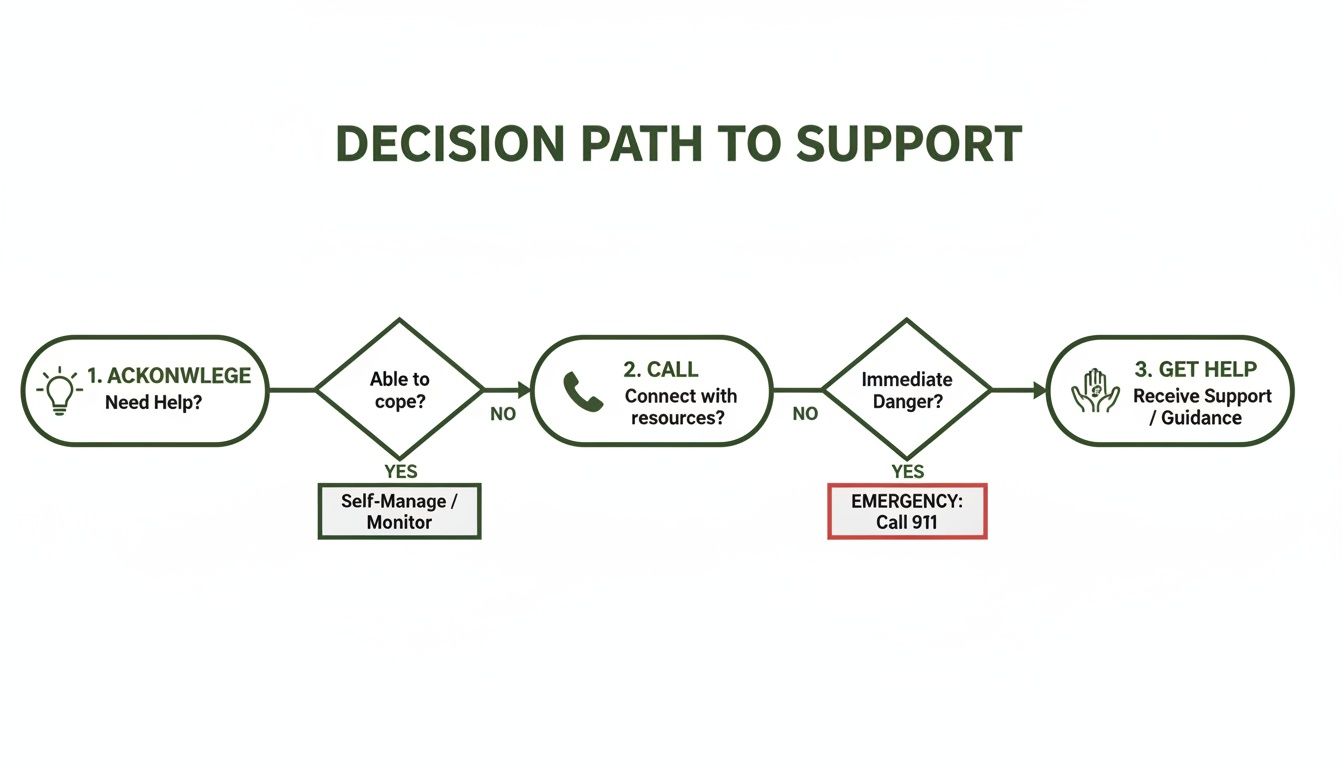 Flowchart outlining a decision path to support, from acknowledging need to seeking help.