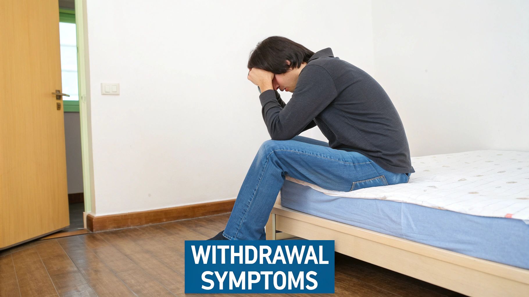 A person looking distressed and holding their head, symbolizing the discomfort of withdrawal.