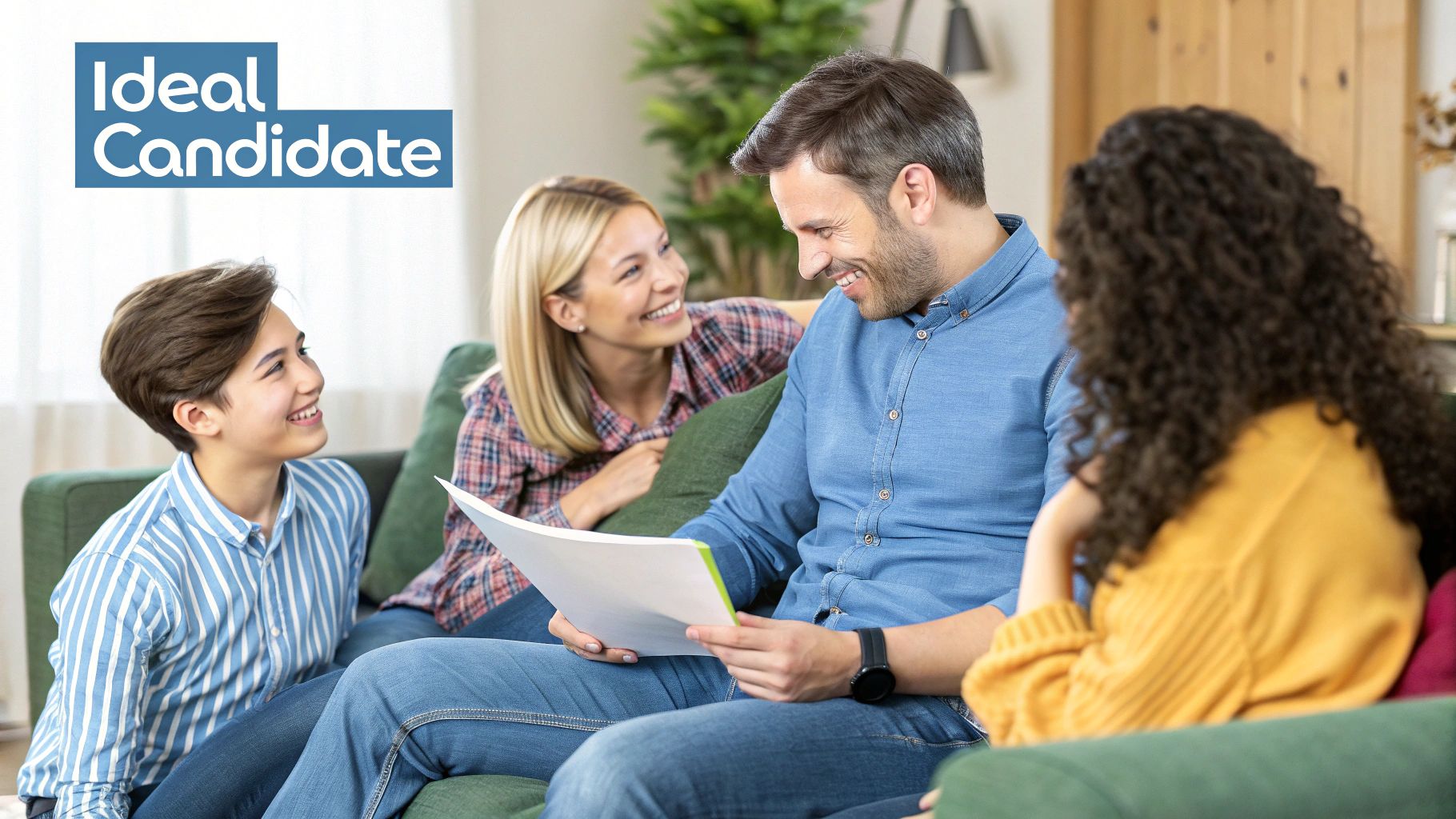 A person sitting on a comfortable couch, thoughtfully writing in a journal in a calm, sunlit room.