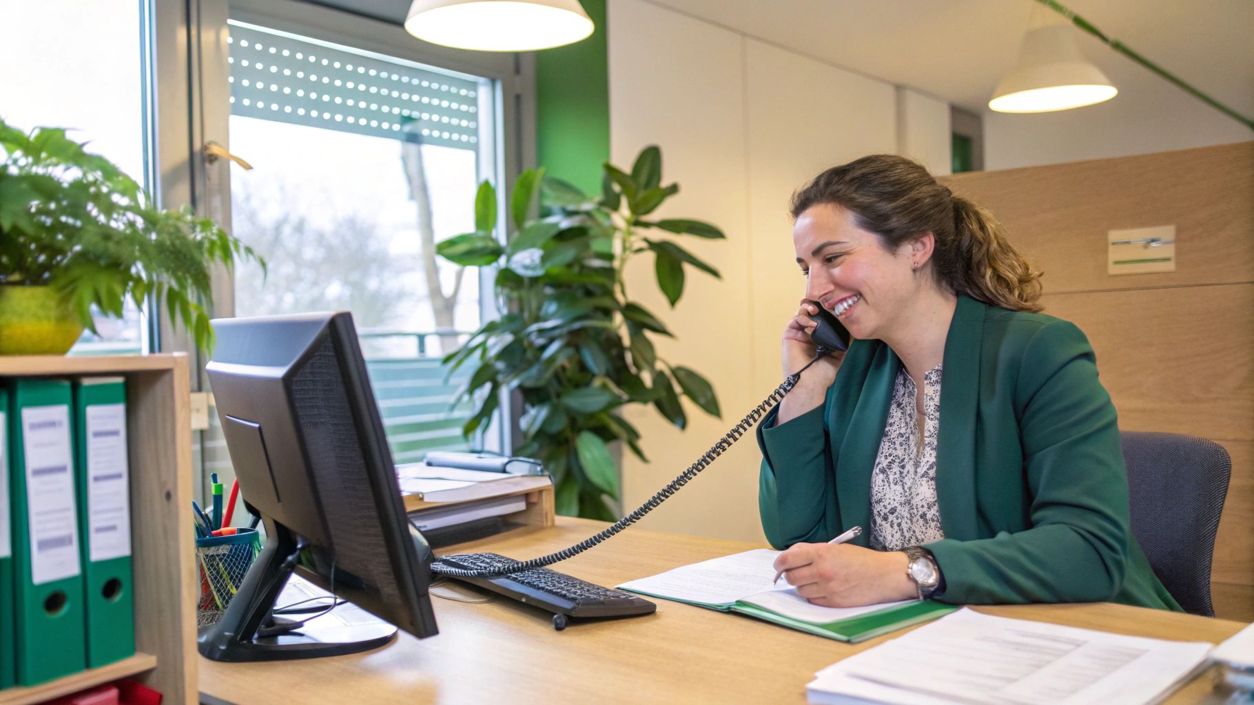 A person sitting at a desk, reviewing insurance documents and making notes.