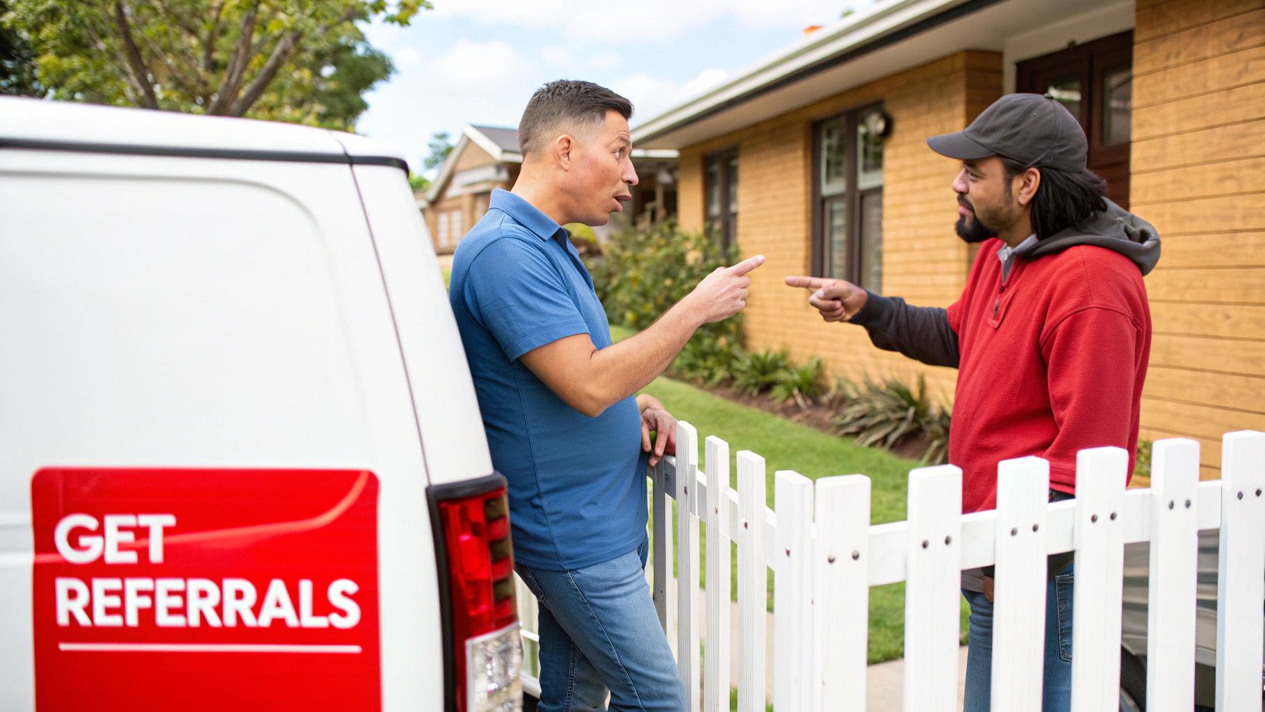 Two construction workers in safety gear collaborate on a residential roof installation.