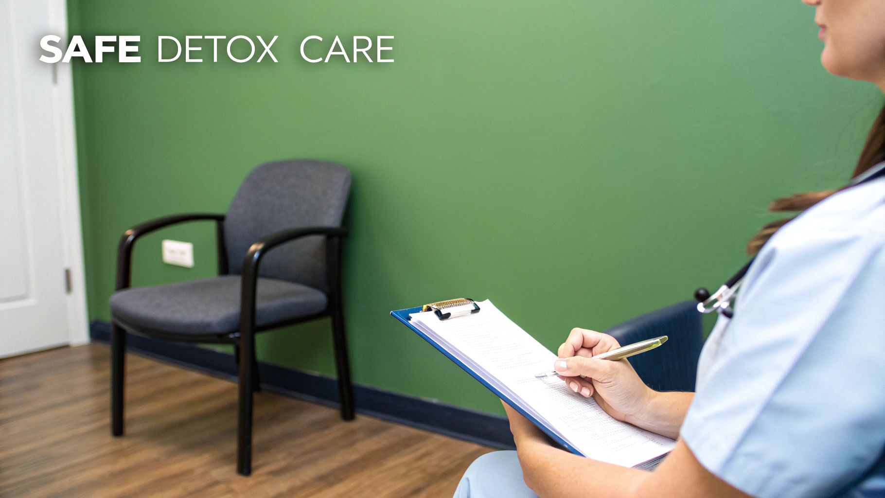 A medical professional in light blue scrubs writes on a clipboard with 'SAFE DETOX CARE' text on a green wall.