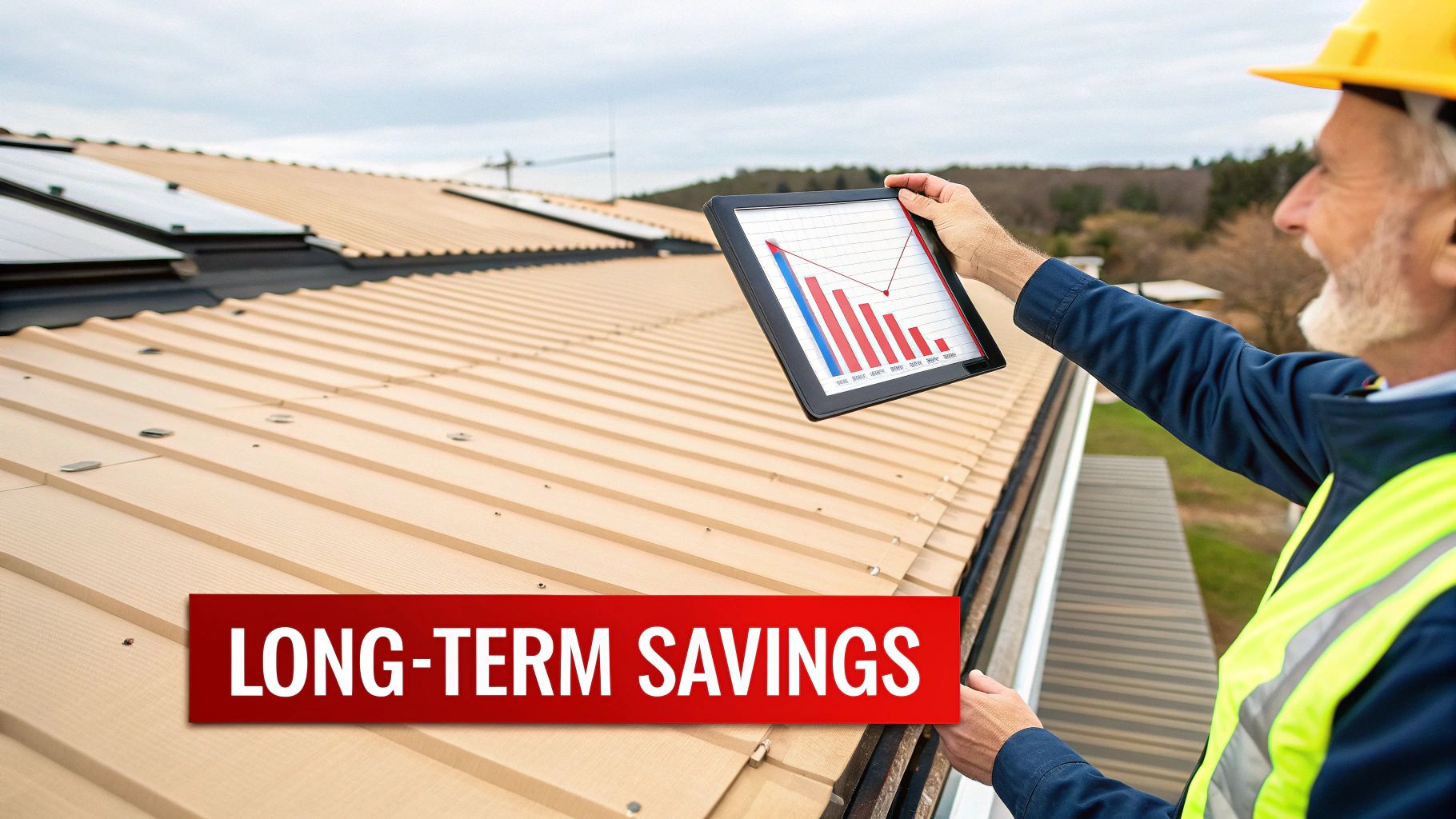 A worker on a metal roof holding a tablet displaying a savings chart, with "LONG-TERM SAVINGS" banner.