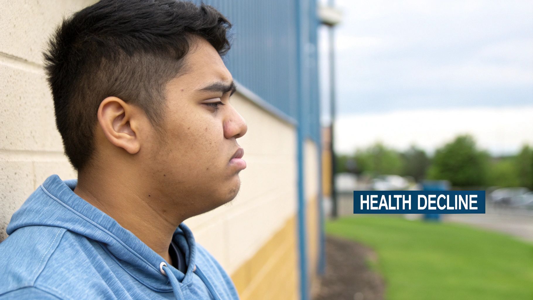 A person sitting alone on a couch in a dimly lit room, looking downcast and isolated.