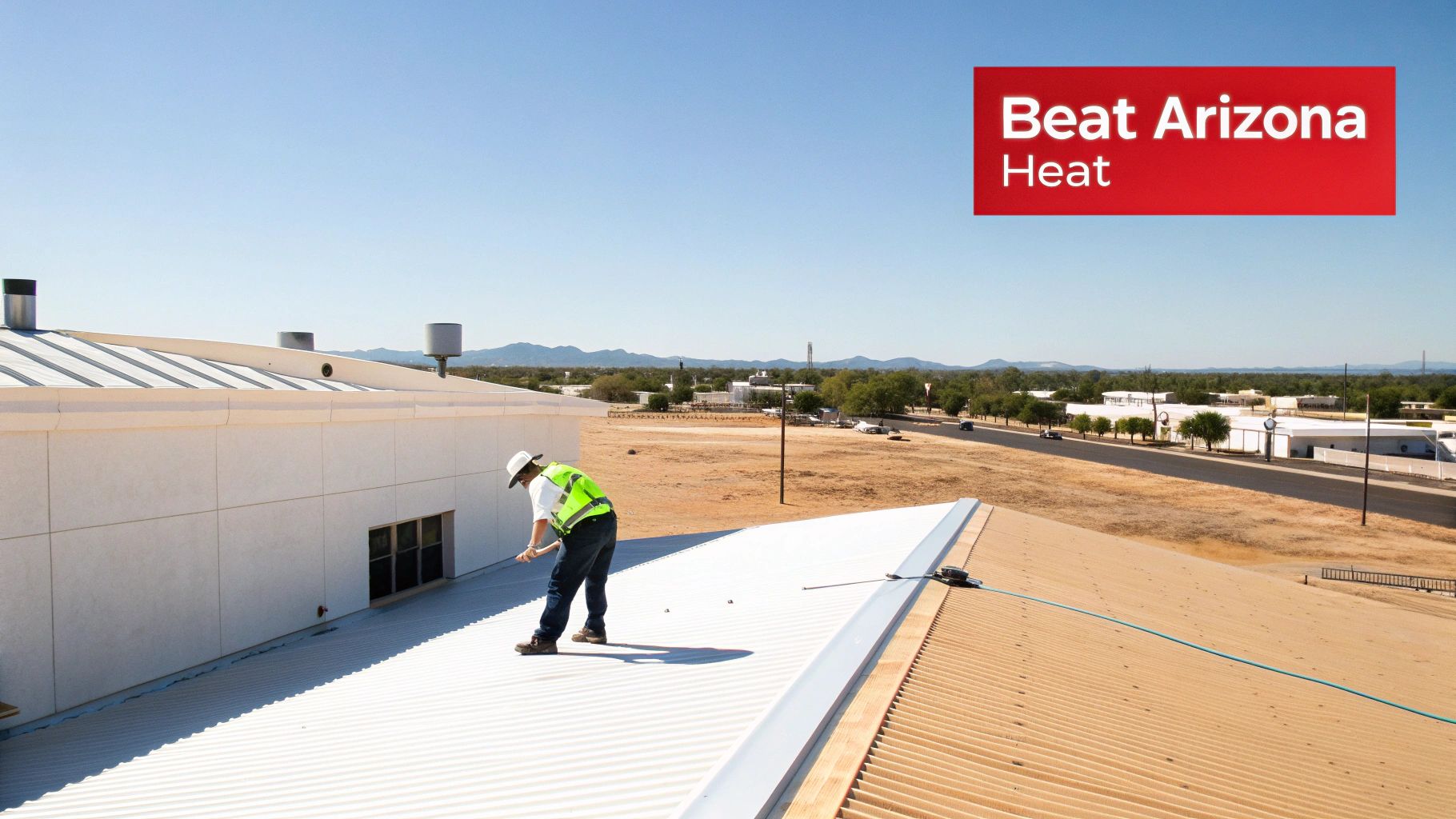 Worker applying coating to a white, reflective roof under a clear sky, aiming to beat Arizona heat.