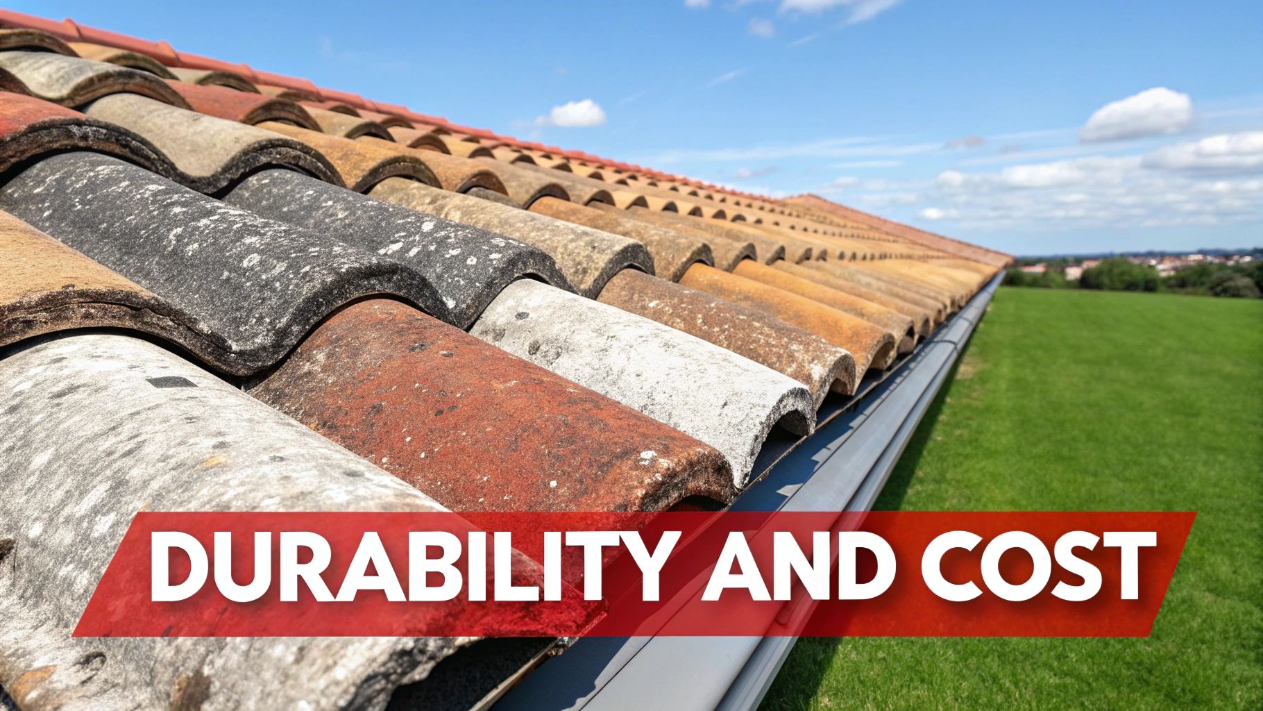 Close-up of weathered clay and concrete roof tiles and a gutter, with 'DURABILITY AND COST' text overlay.