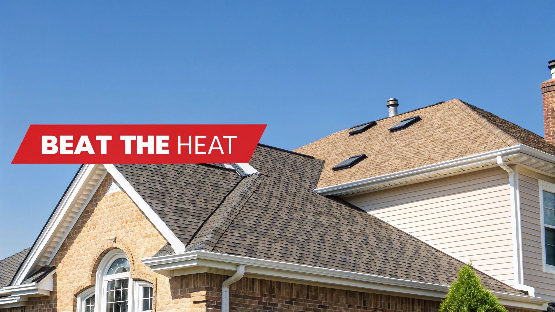 A house with different colored shingle roofs and skylights under a blue sky, featuring a 'BEAT THE HEAT' banner.