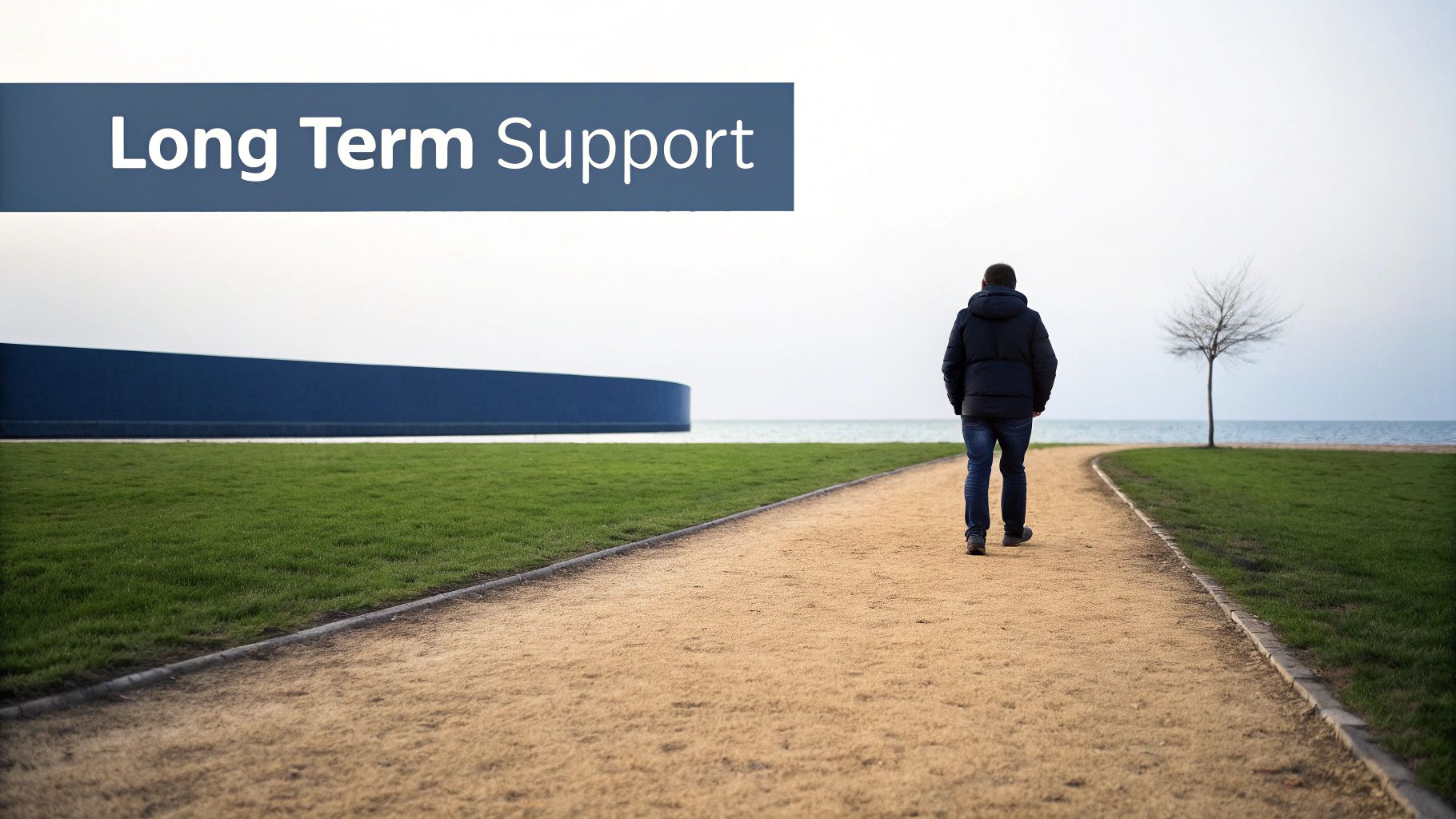 Man walks down a long path by the ocean, with 'Long Term Support' text overlay.
